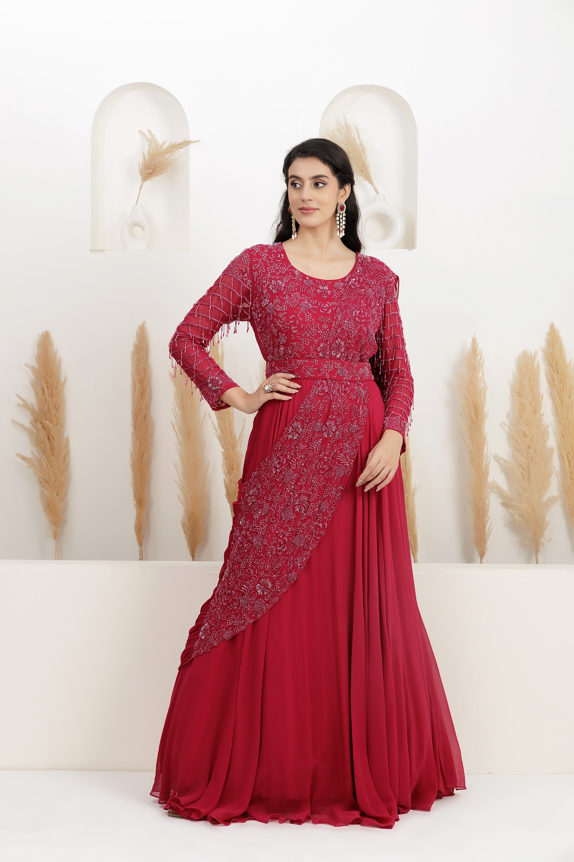 cherry red Georgette Sequins Embroidered Draped Gown Saree