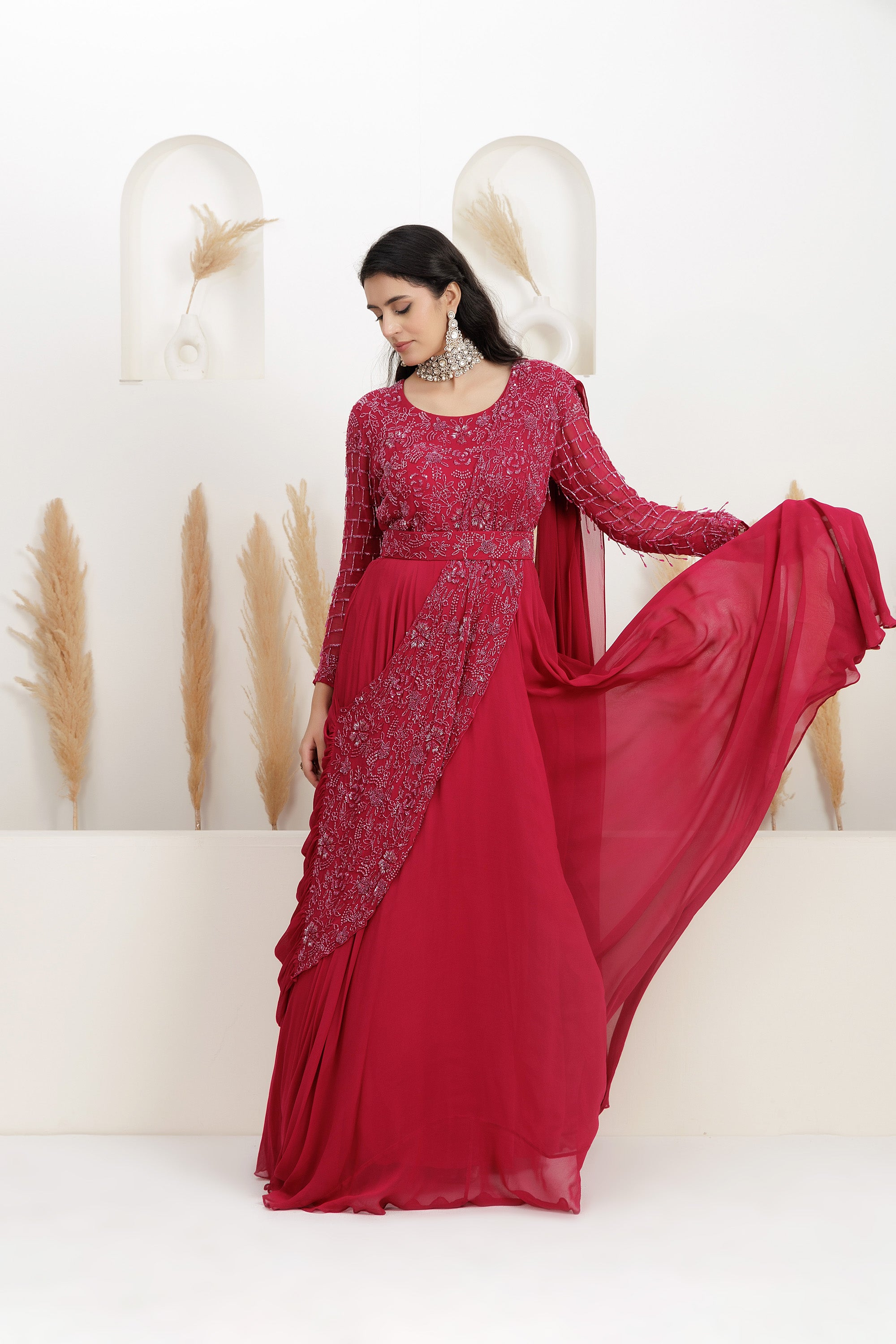 cherry red Georgette Sequins Embroidered Draped Gown Saree