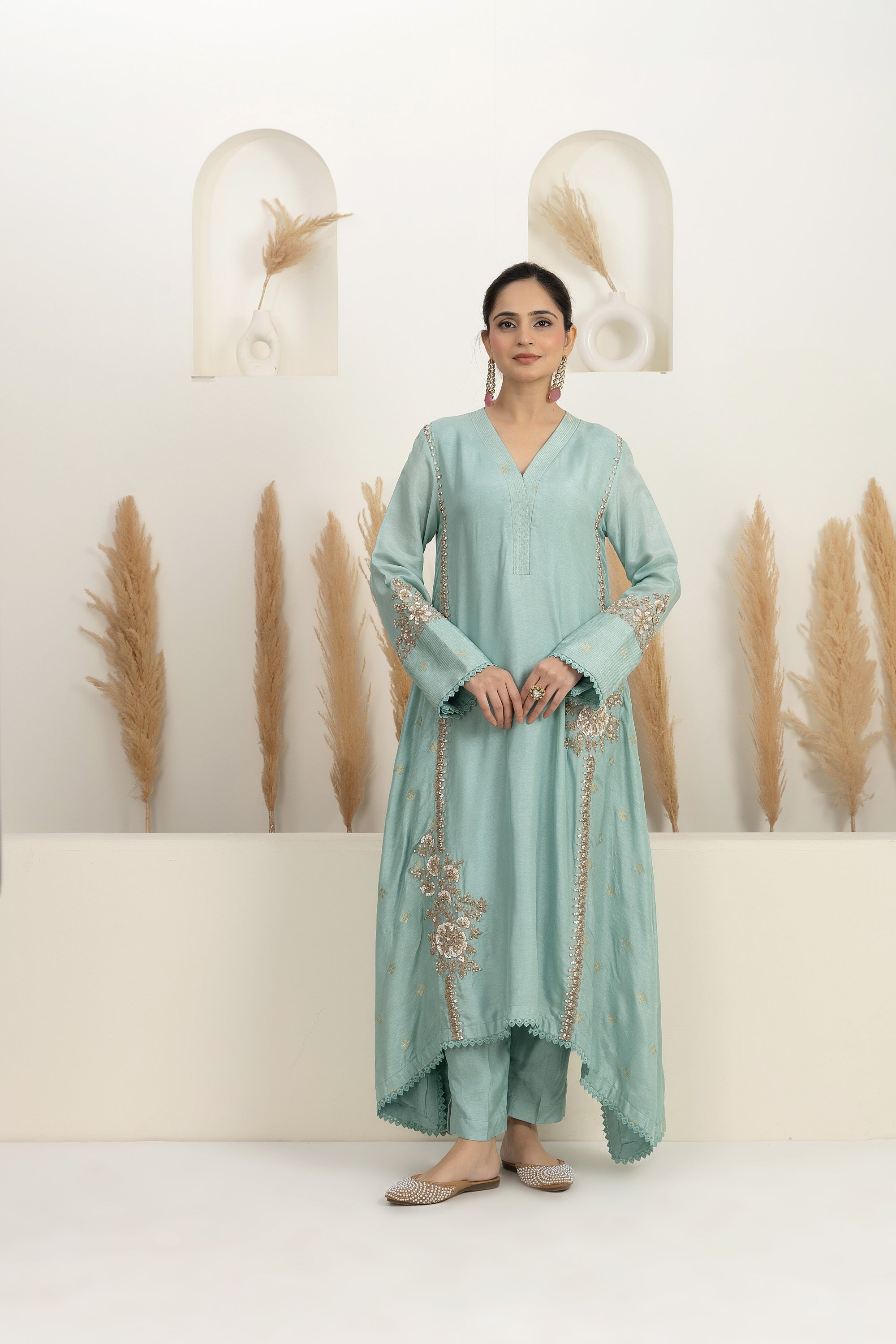 ice-blue bamber silk asymmetrical kurta with pants
