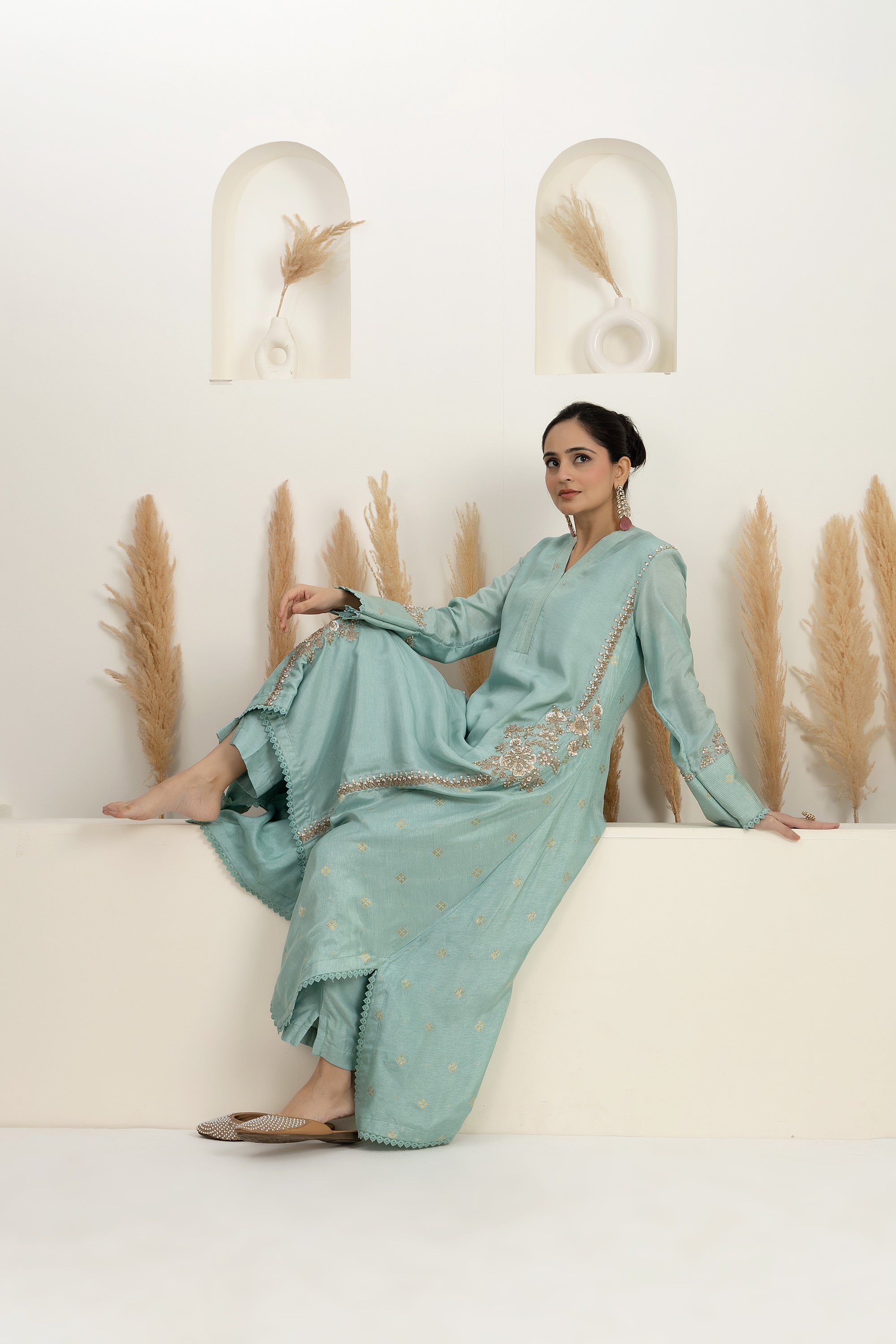 ice-blue bamber silk asymmetrical kurta with pants