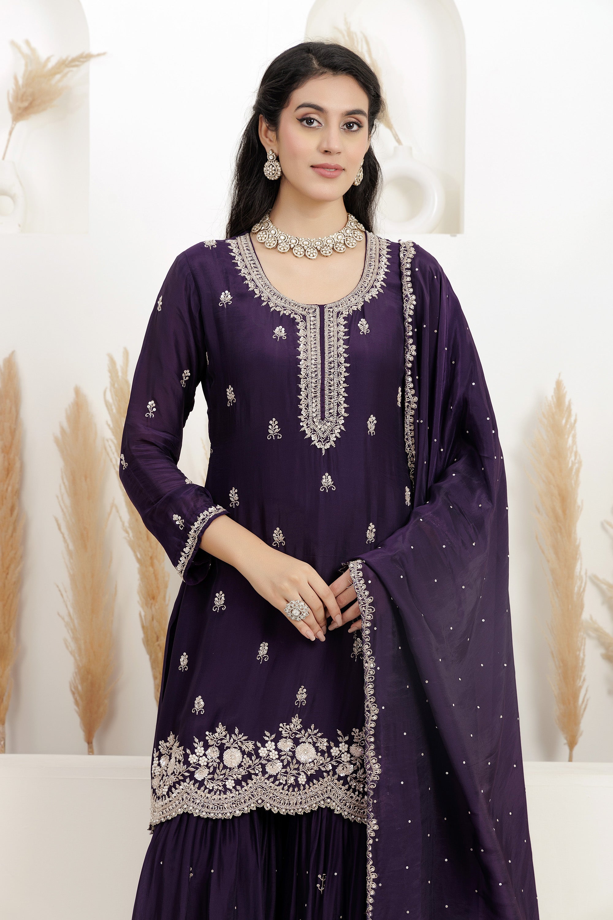 purple Satin Silk Sharara Set