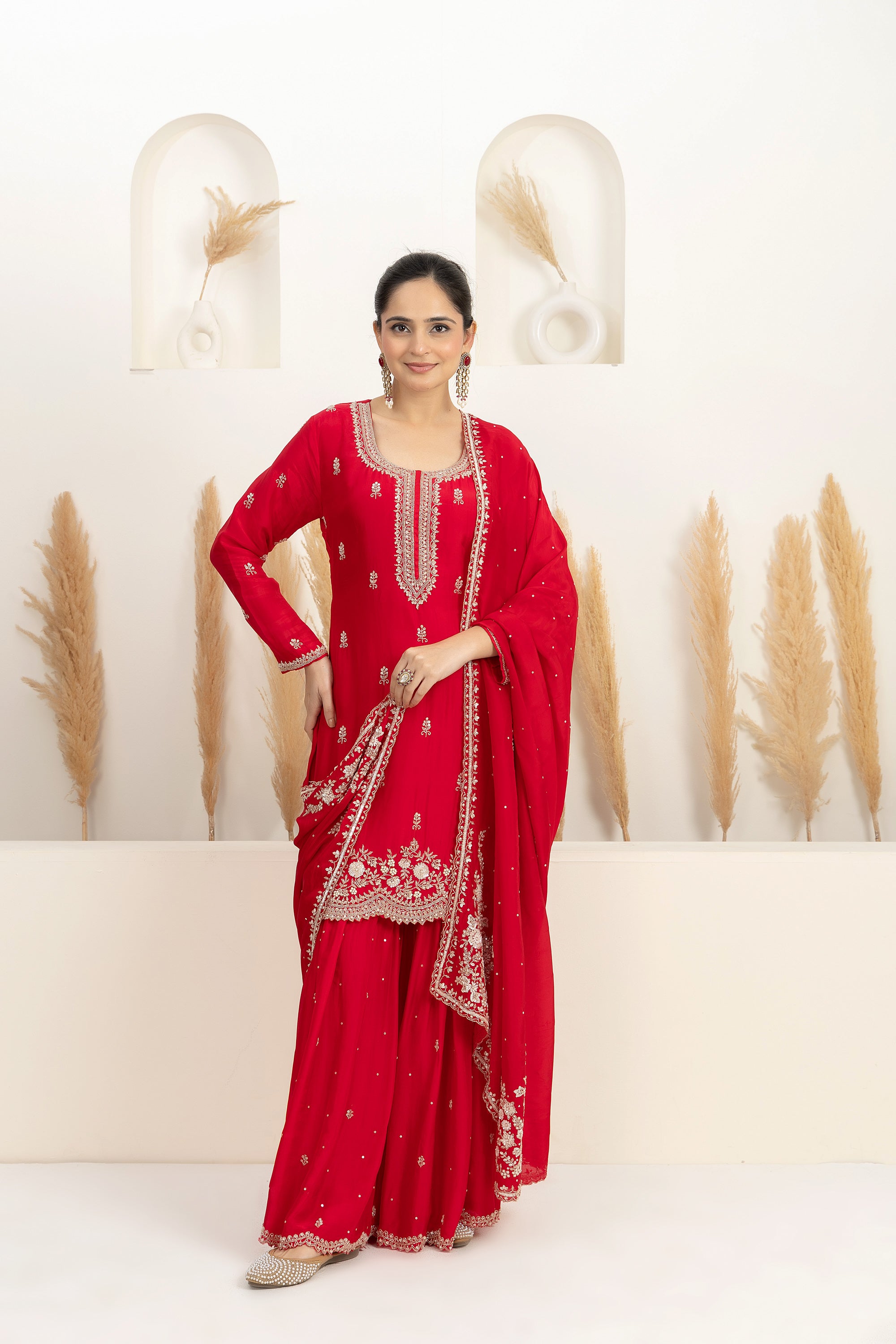 Red Satin Silk Sharara Set