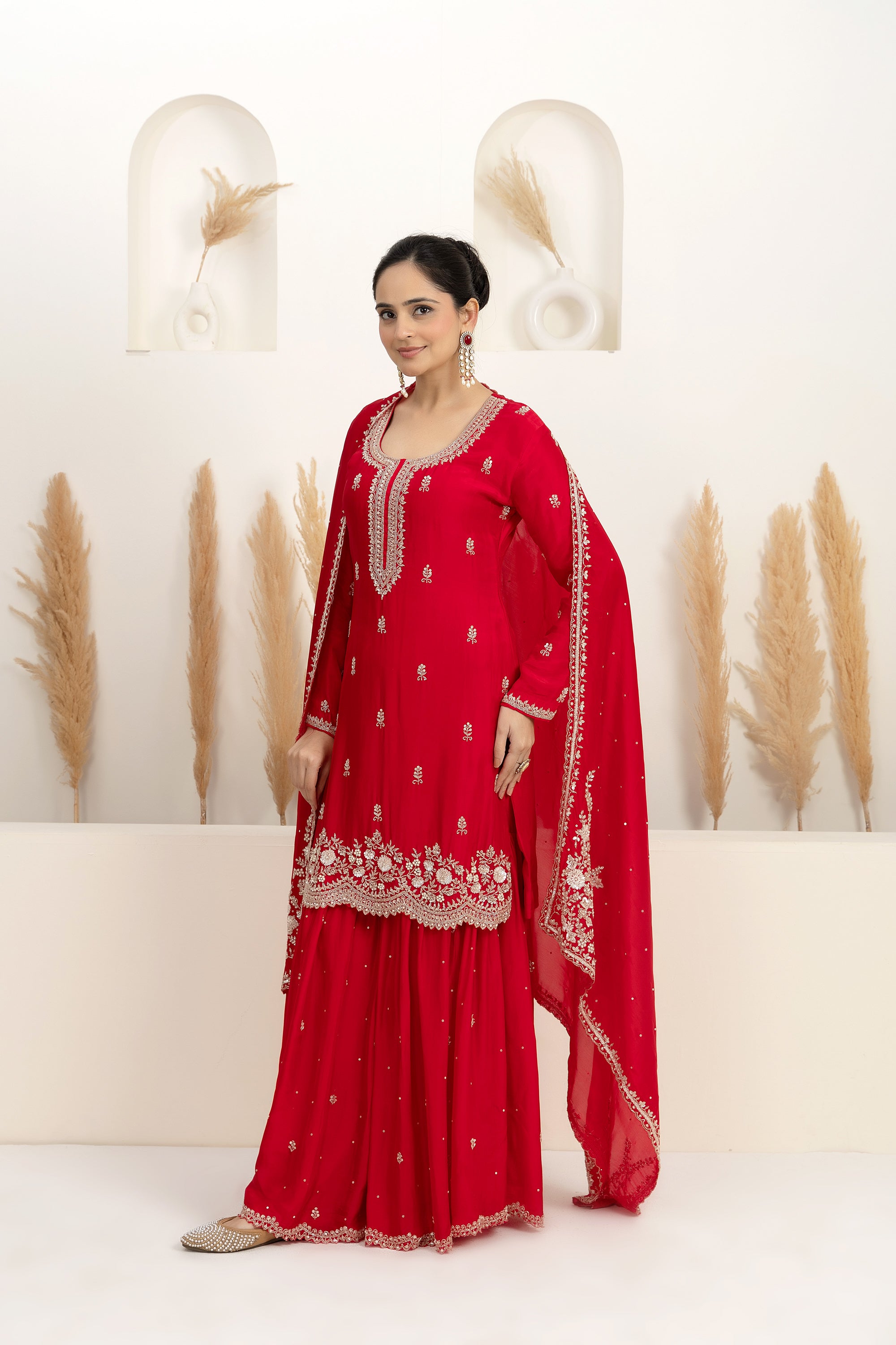 Red Satin Silk Sharara Set