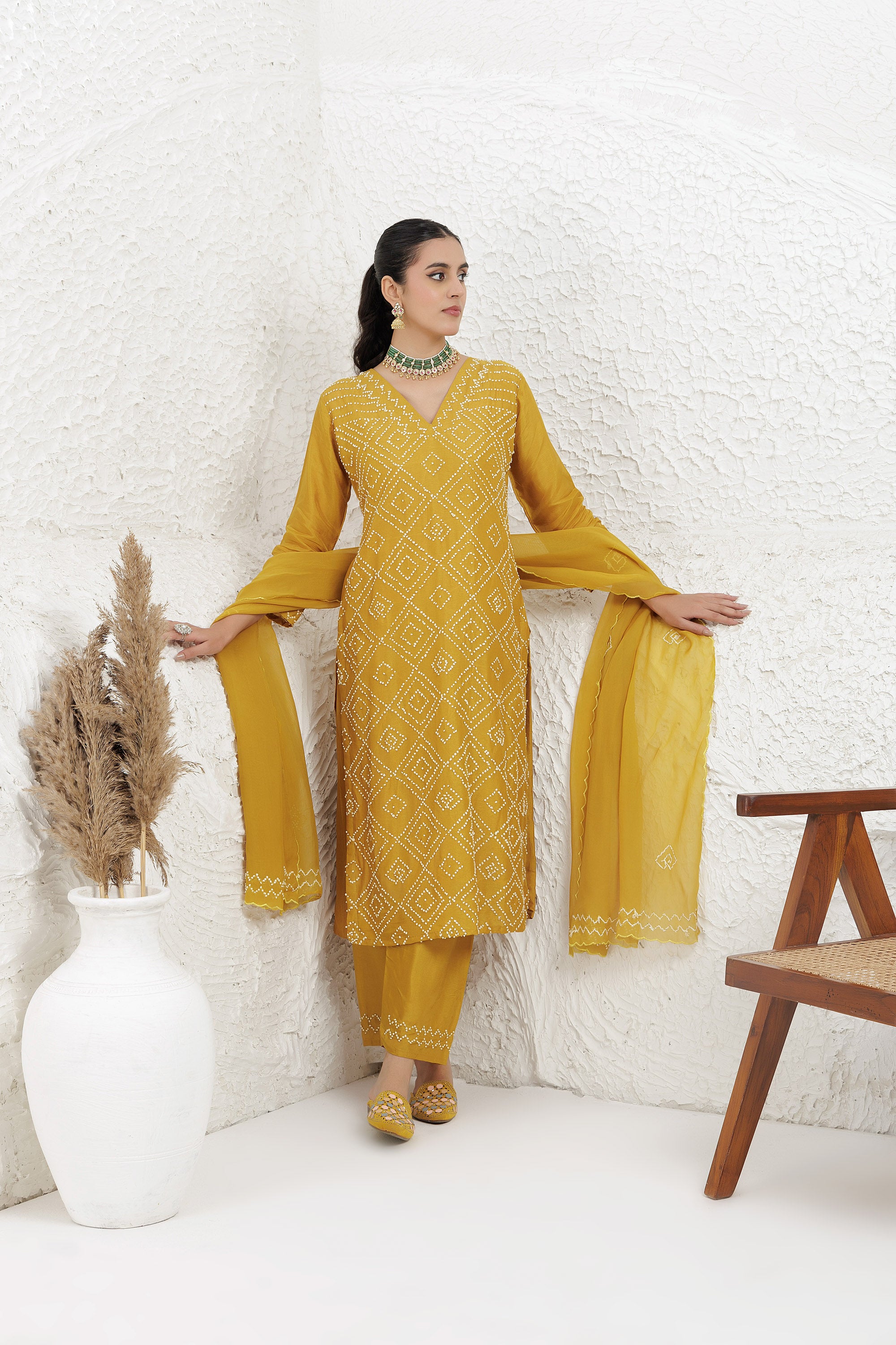 Mustard Russian silk Hand french knot Embroidered Kurta Set