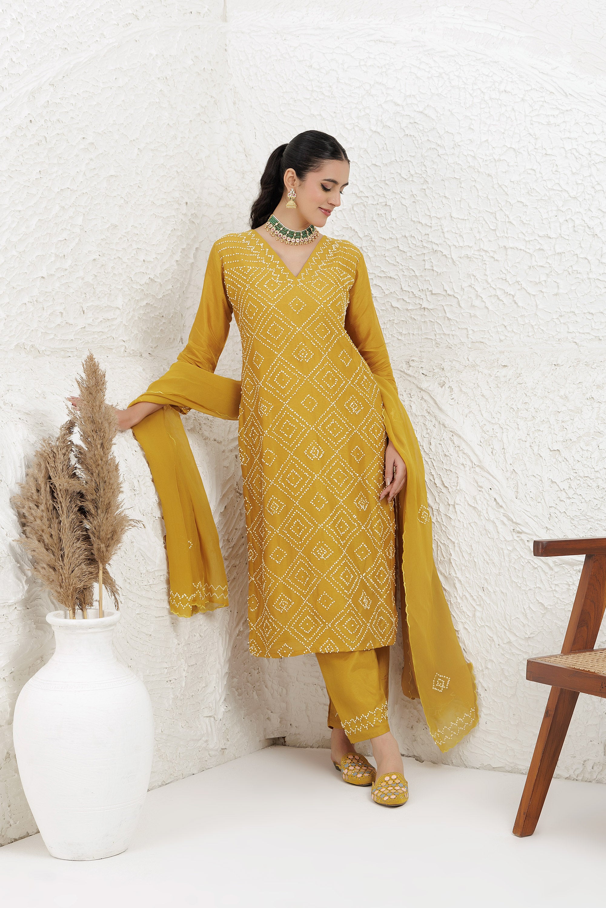 Mustard Russian silk Hand french knot Embroidered Kurta Set