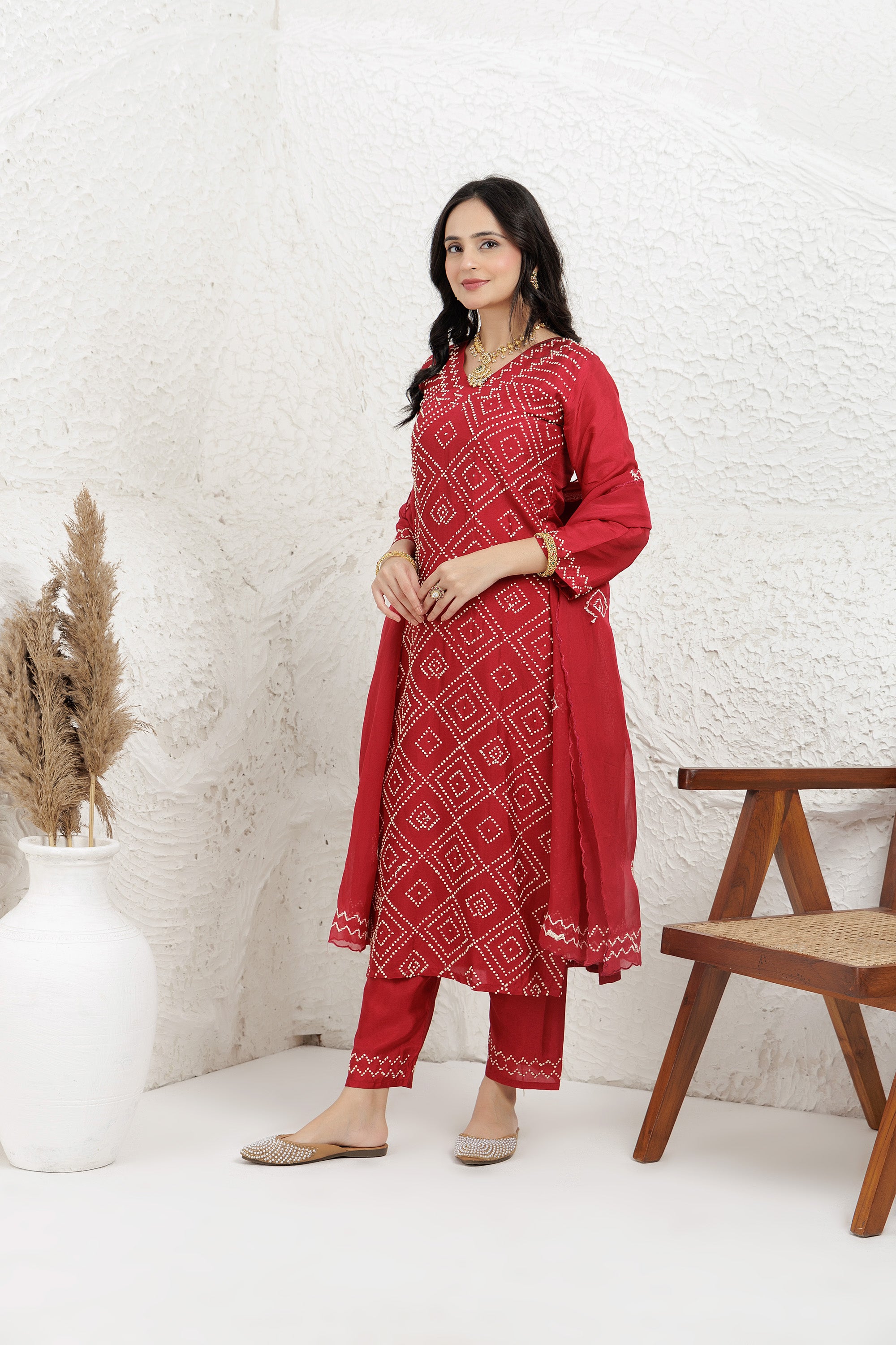 Red Russian silk Hand french knot Embroidered Kurta Set