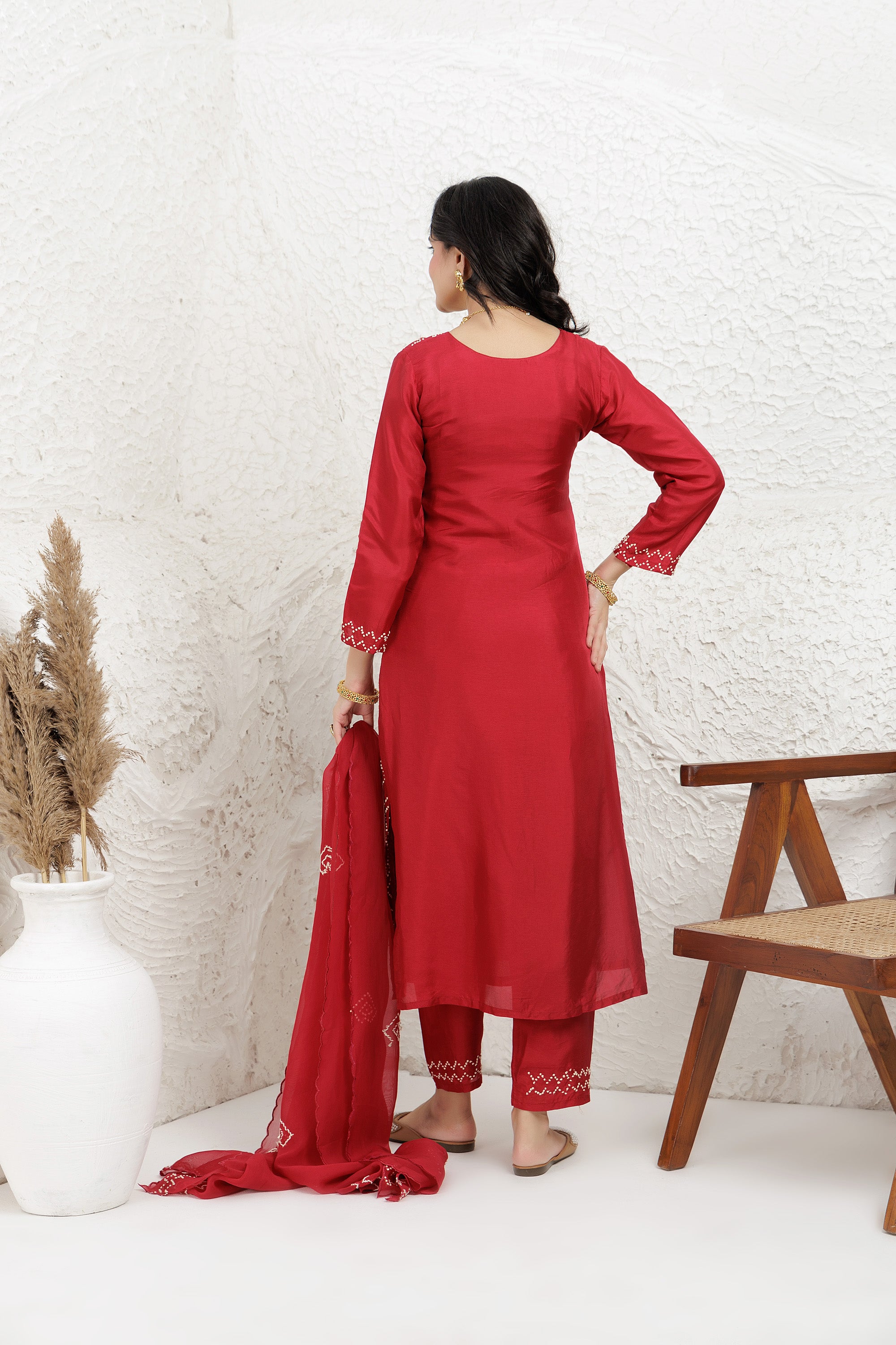 Red Russian silk Hand french knot Embroidered Kurta Set