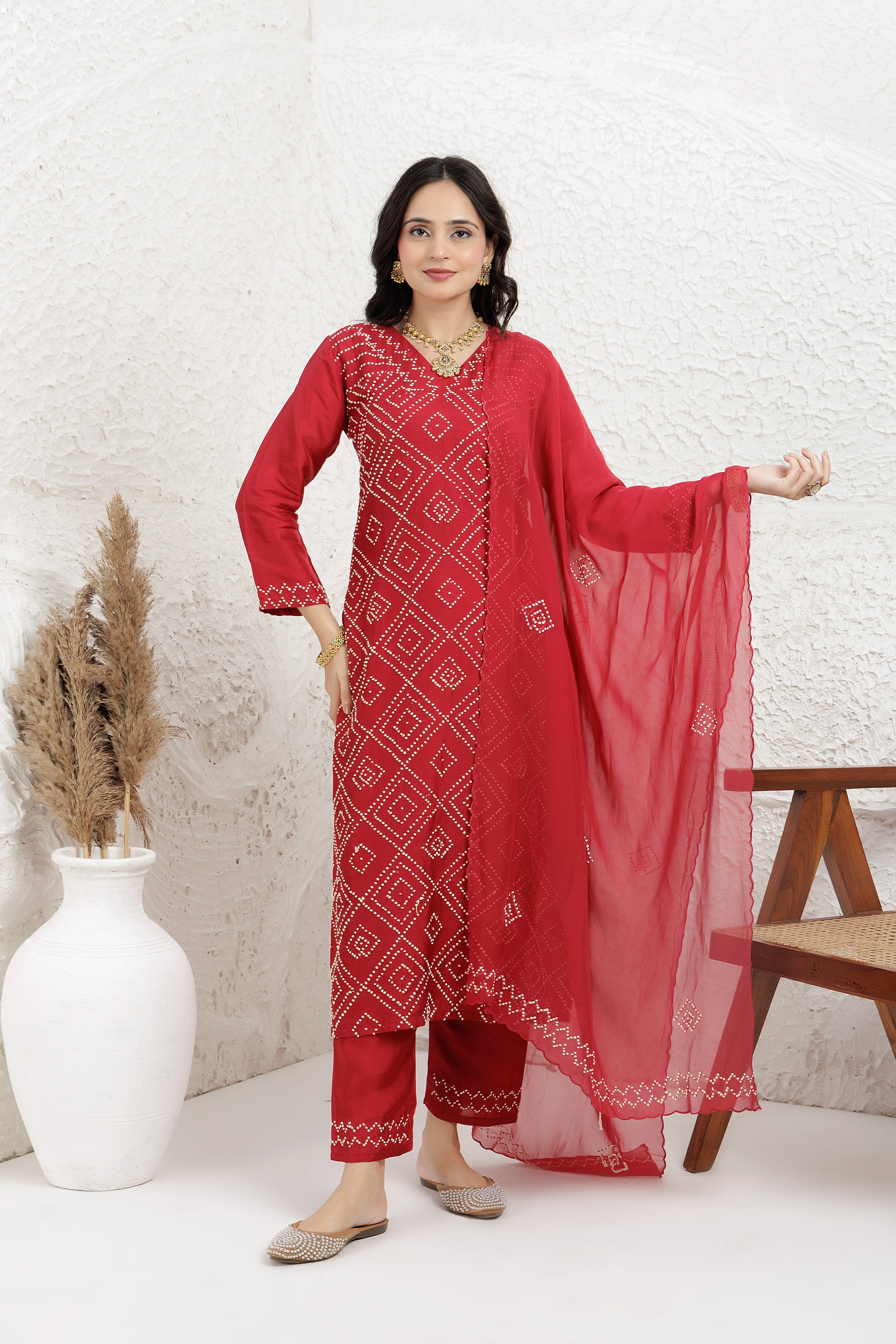 Red Russian silk Hand french knot Embroidered Kurta Set