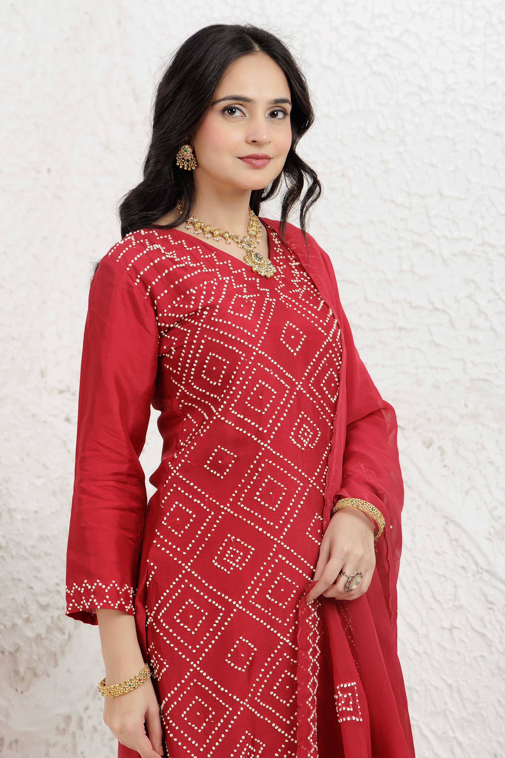 Red Russian silk Hand french knot Embroidered Kurta Set