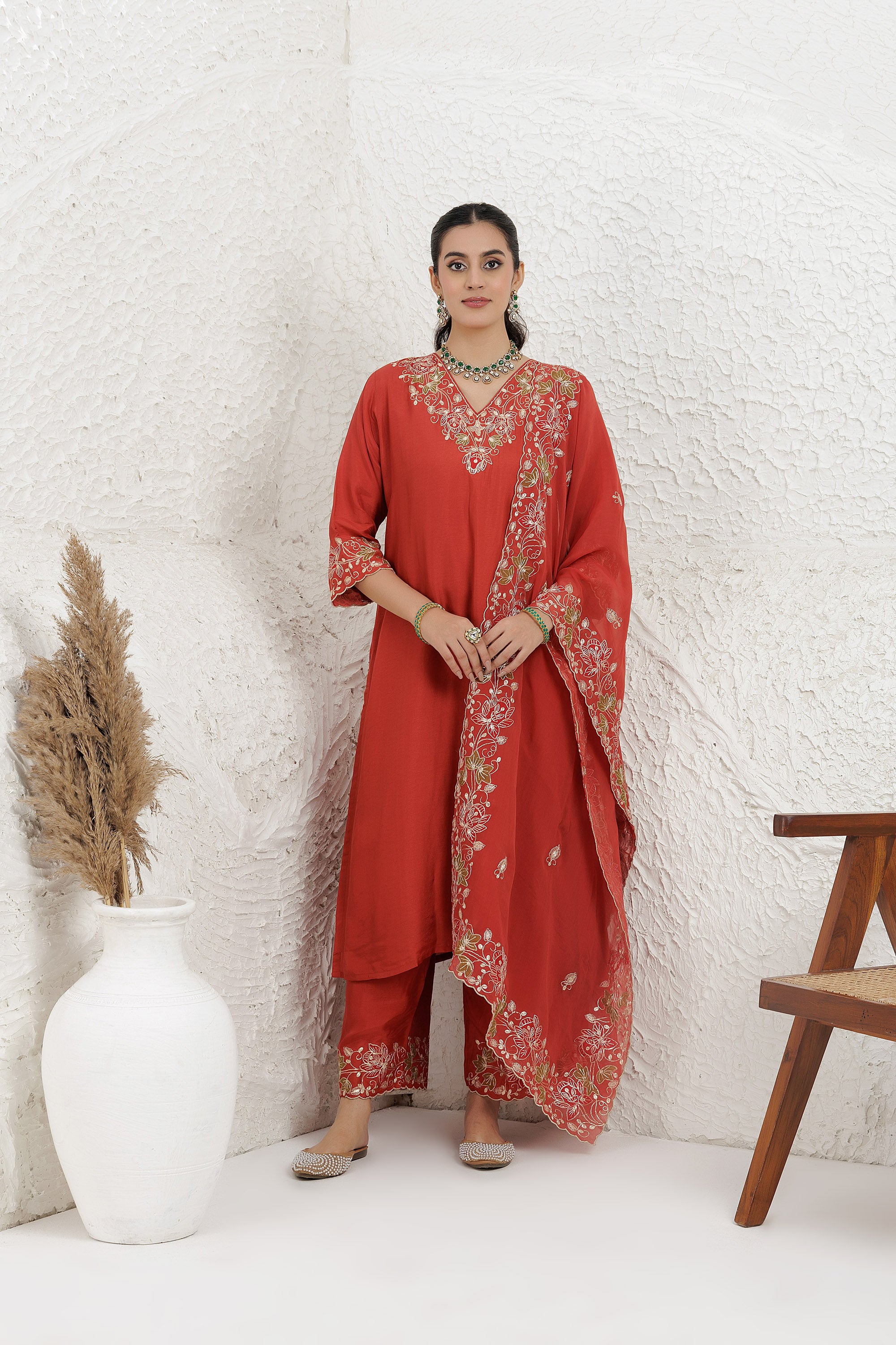 Rust Russian Applique Work Kurta Set