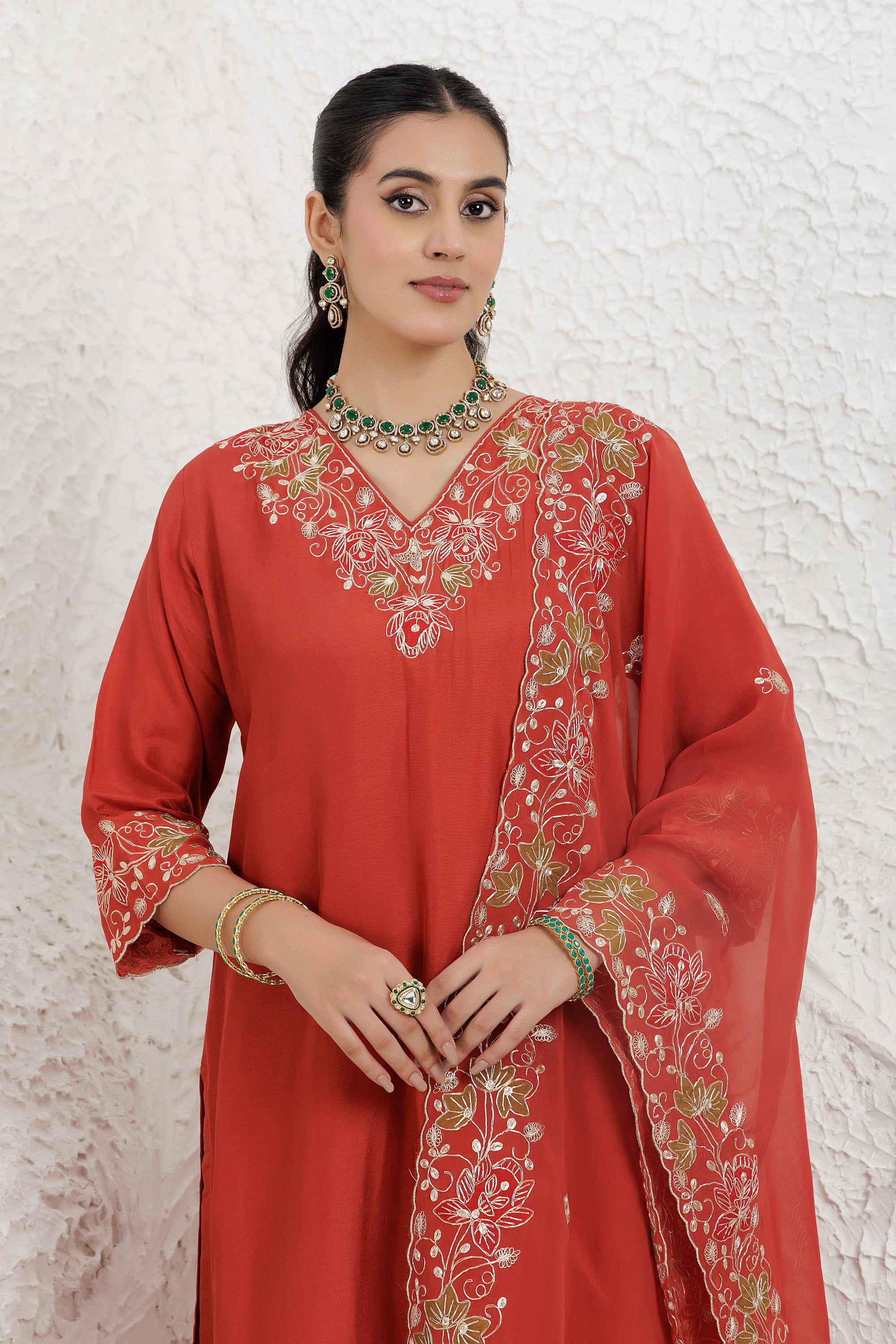 Rust Russian Applique Work Kurta Set