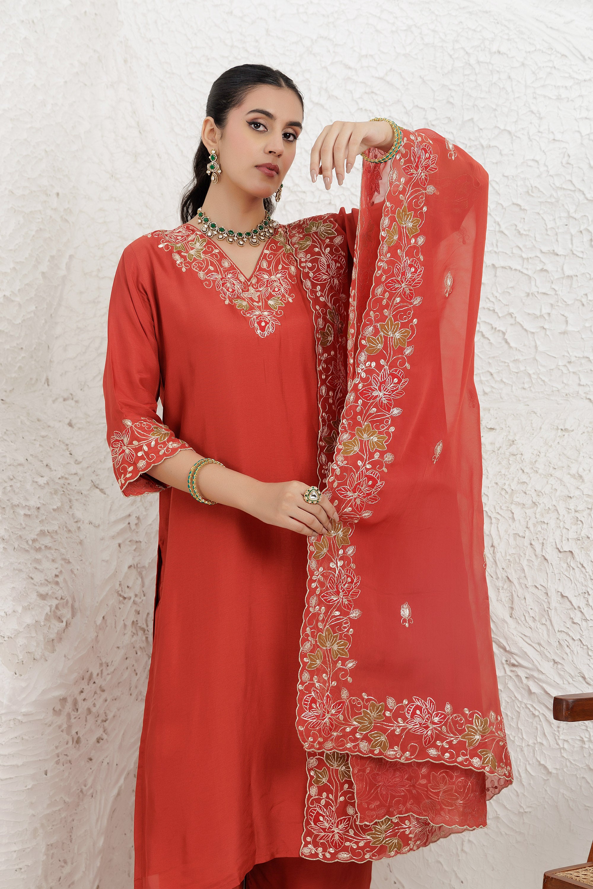 Rust Russian Applique Work Kurta Set