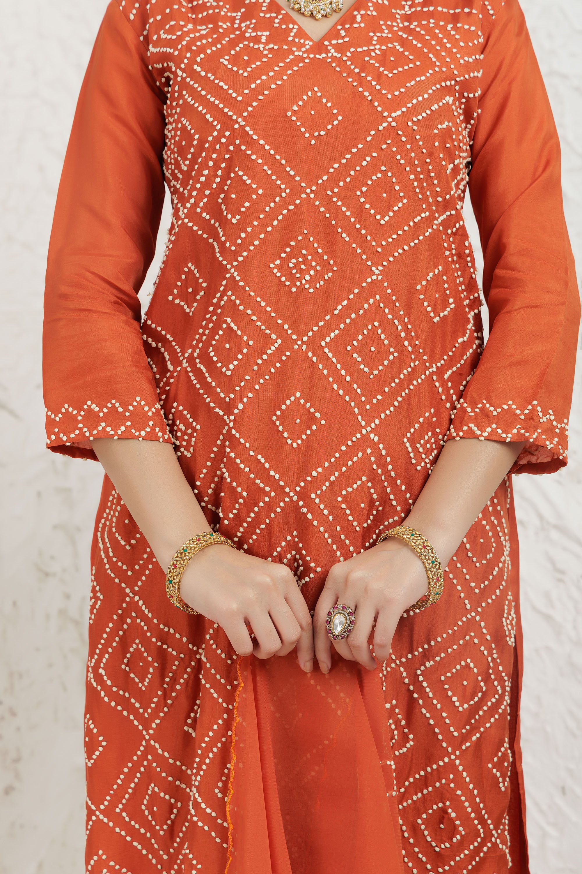 Rust Russian silk Hand french knot Embroidered Kurta Set