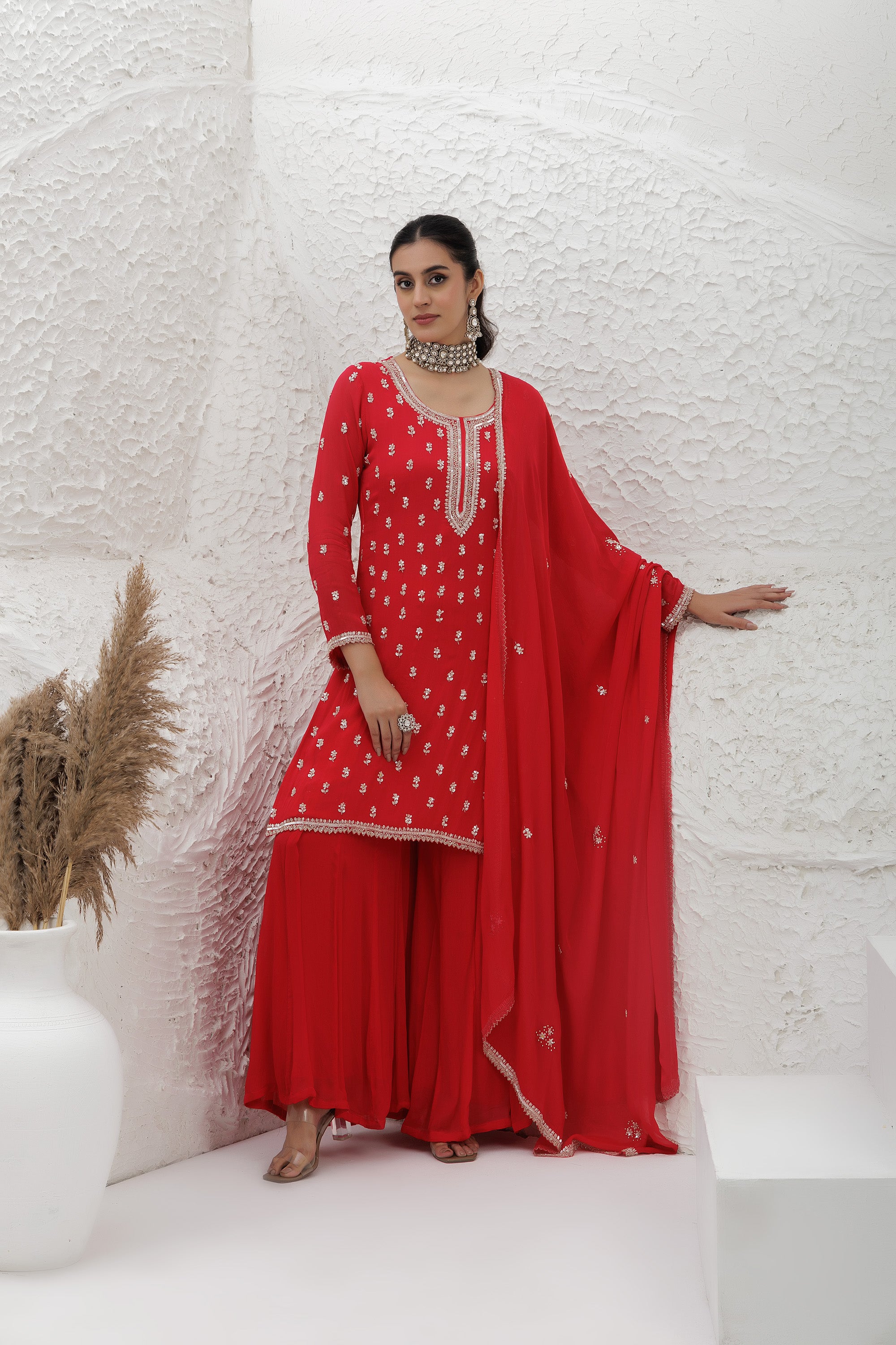 scarlet red chinon Georgette Embroidered sharara suit set.