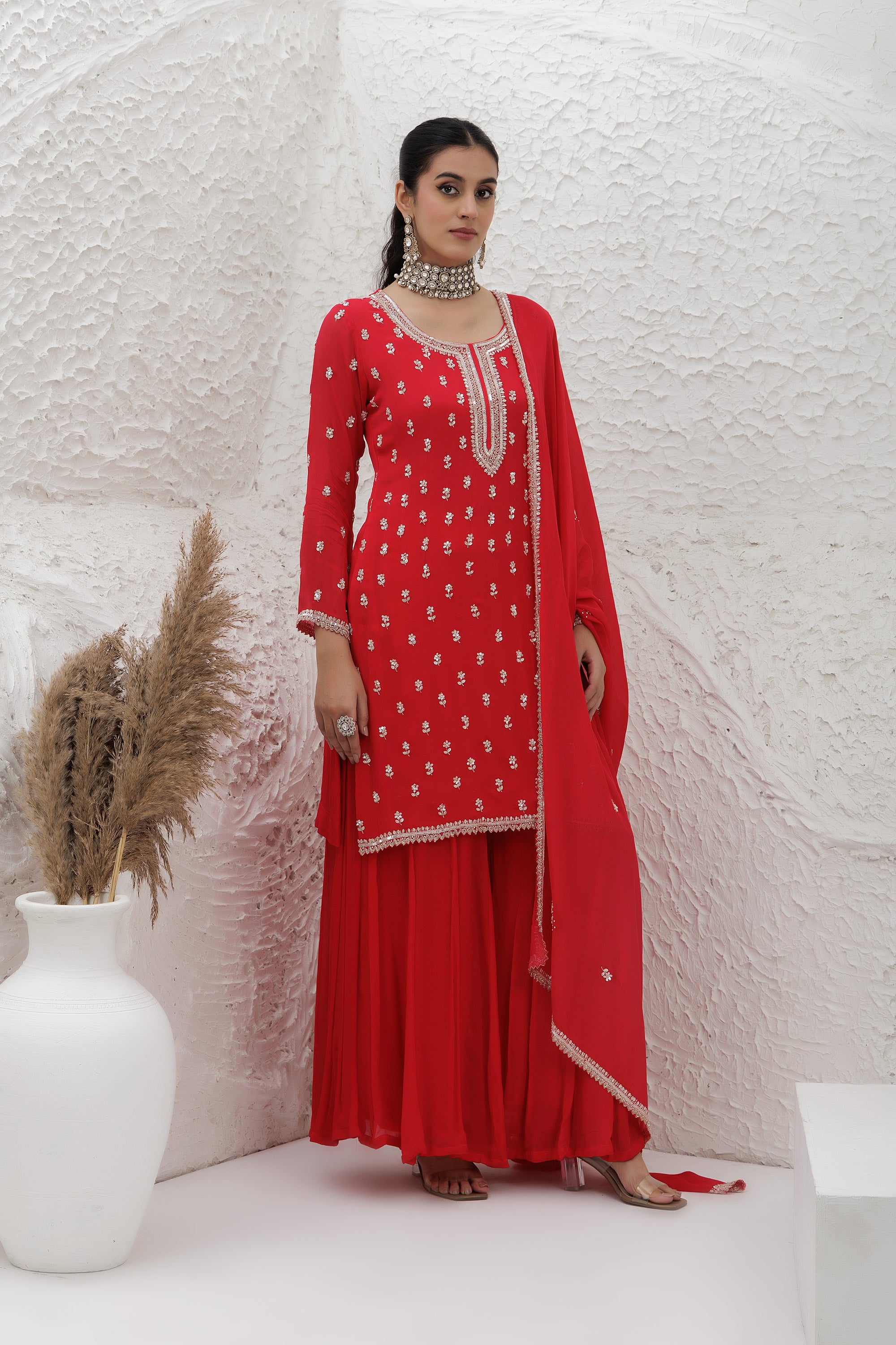 scarlet red chinon Georgette Embroidered sharara suit set.