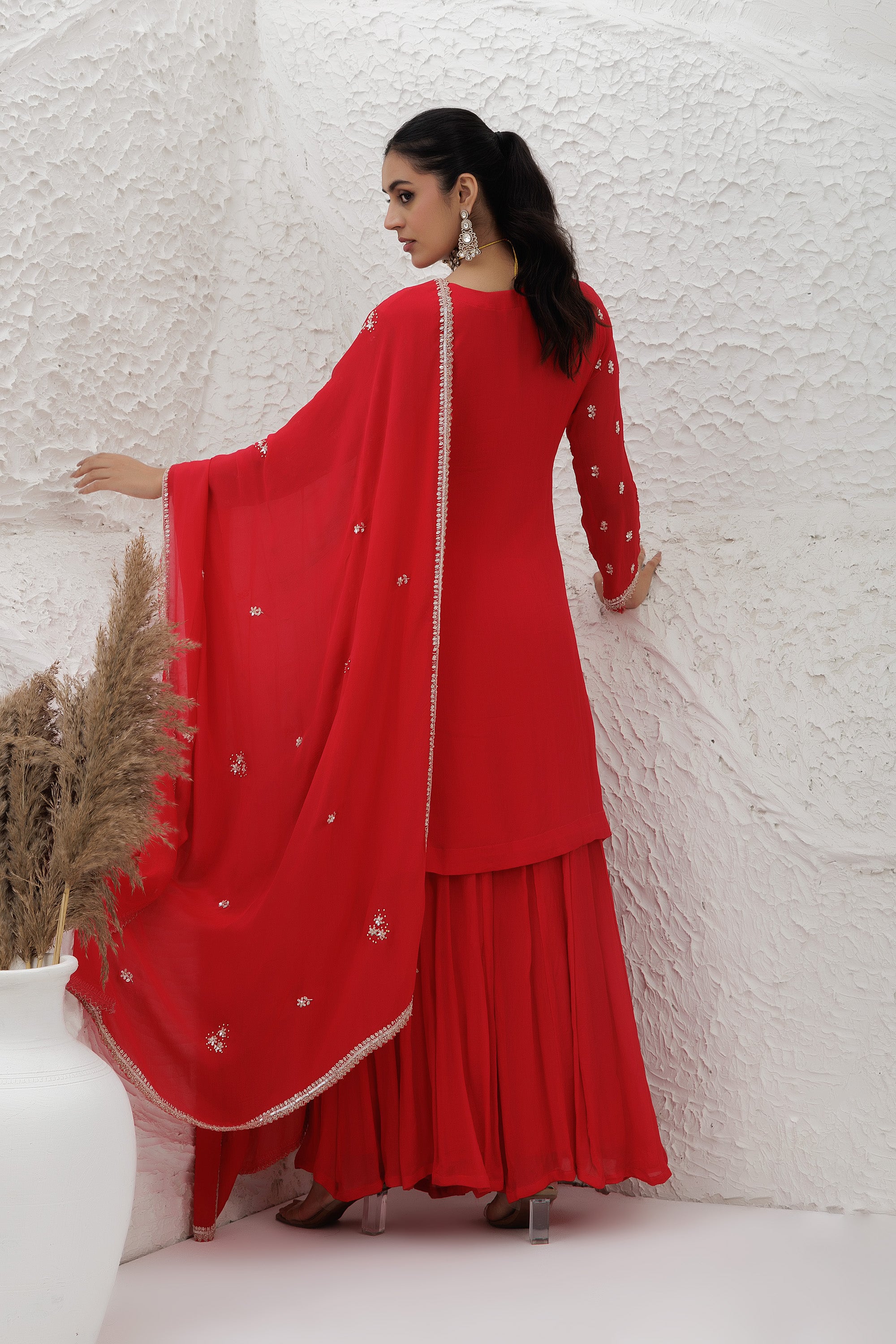 scarlet red chinon Georgette Embroidered sharara suit set.