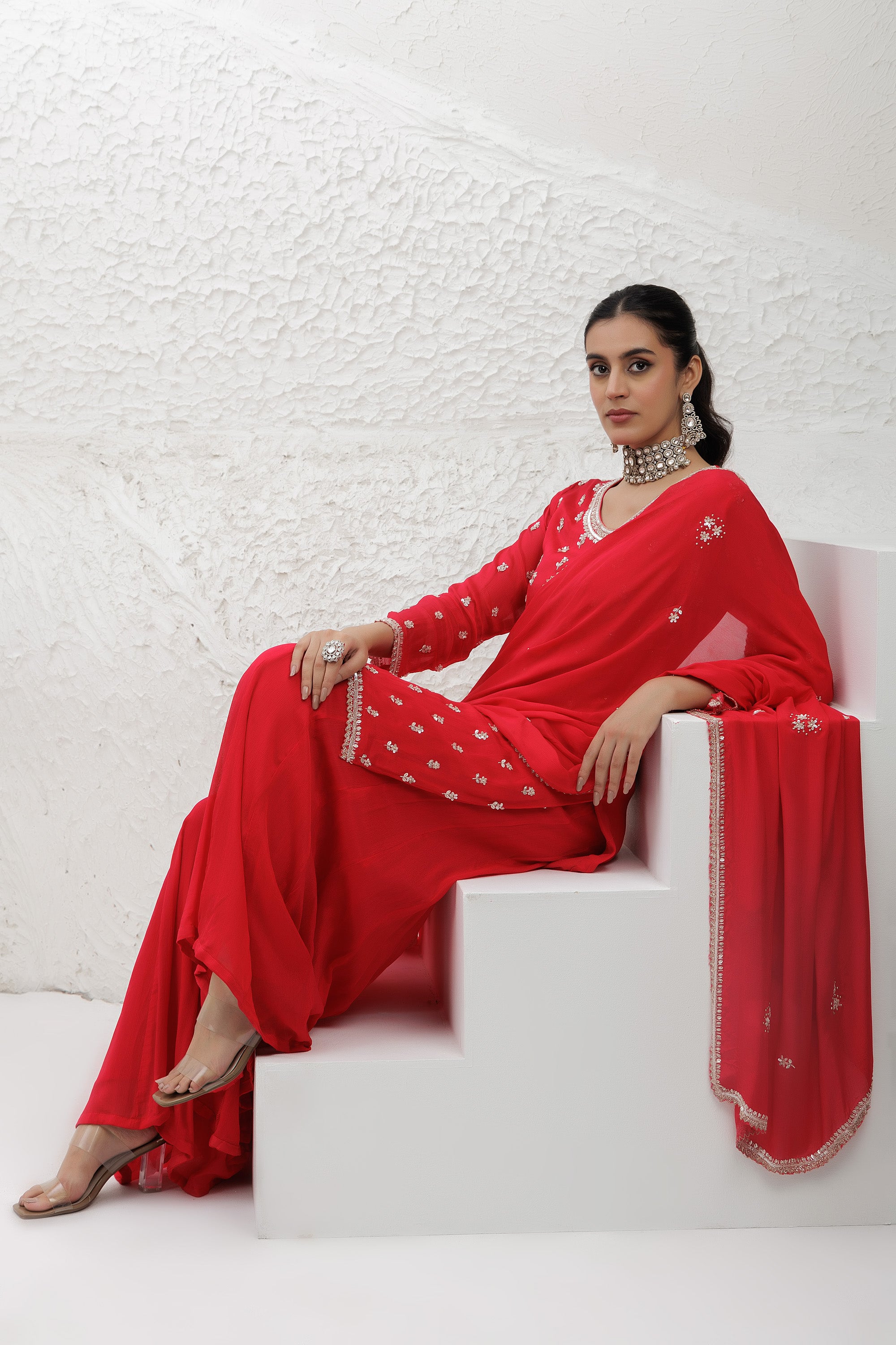 scarlet red chinon Georgette Embroidered sharara suit set.