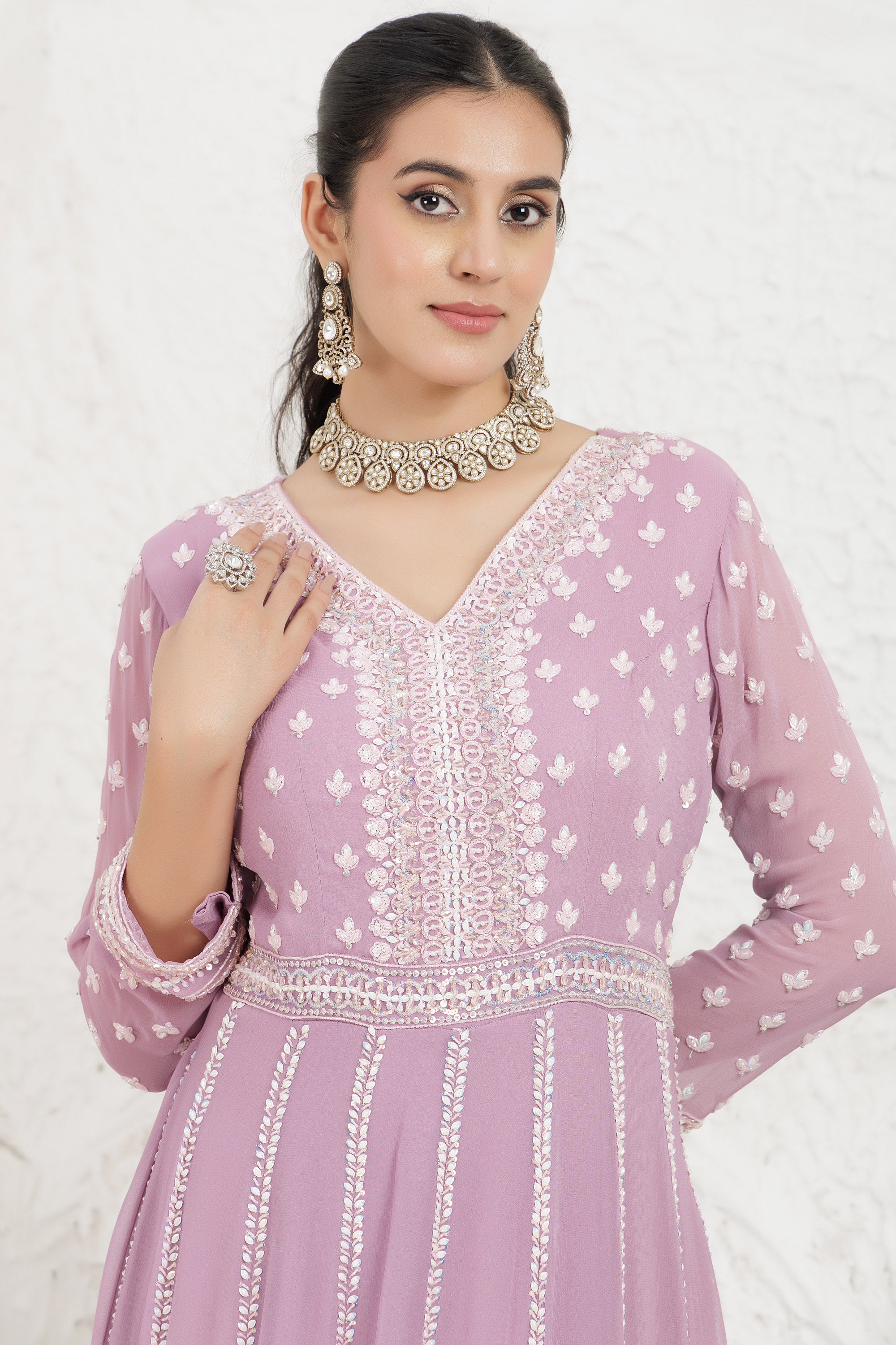 Levender Georgette Embroidered Gown .