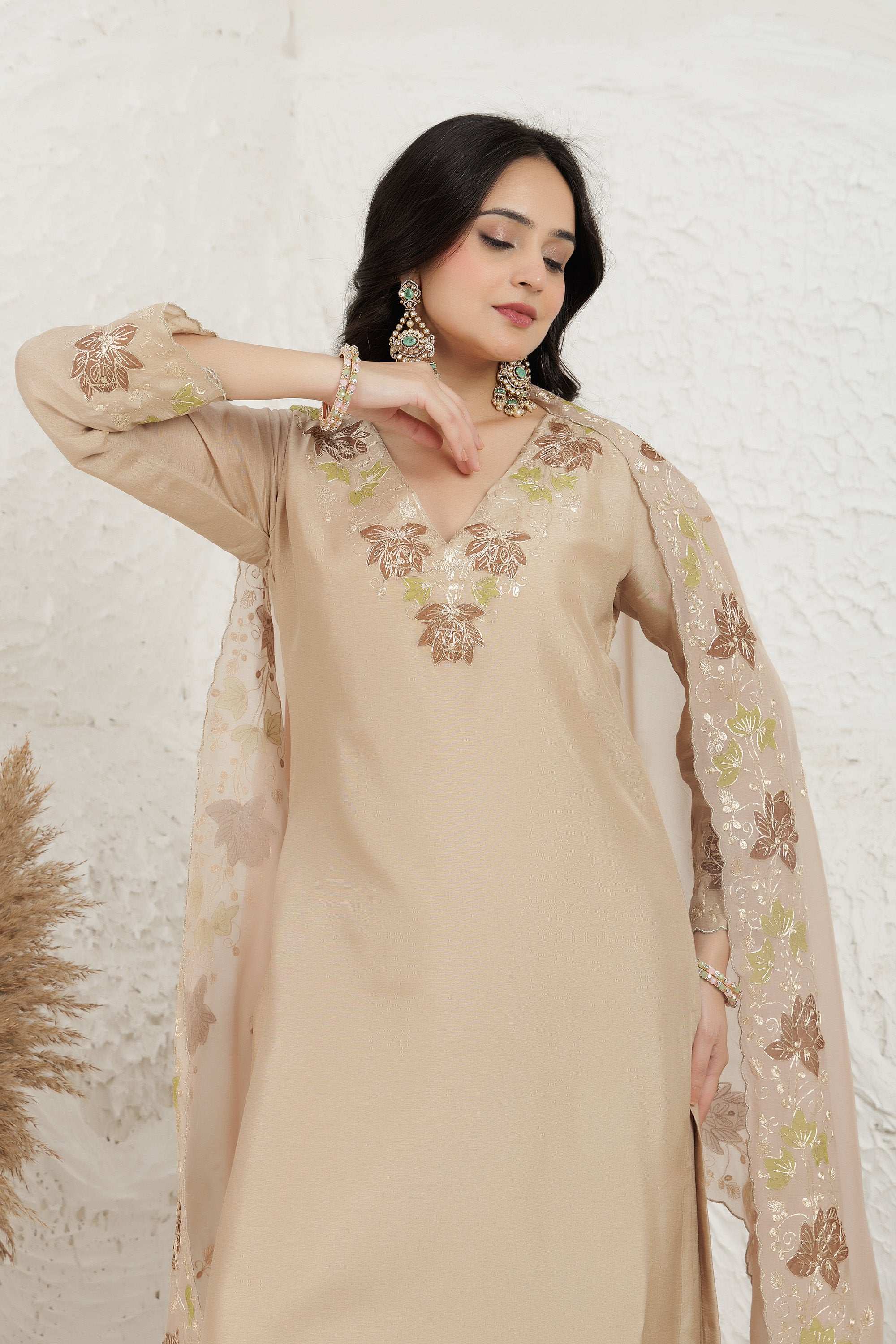 Beige Russian silk Applique Work Kurta Set