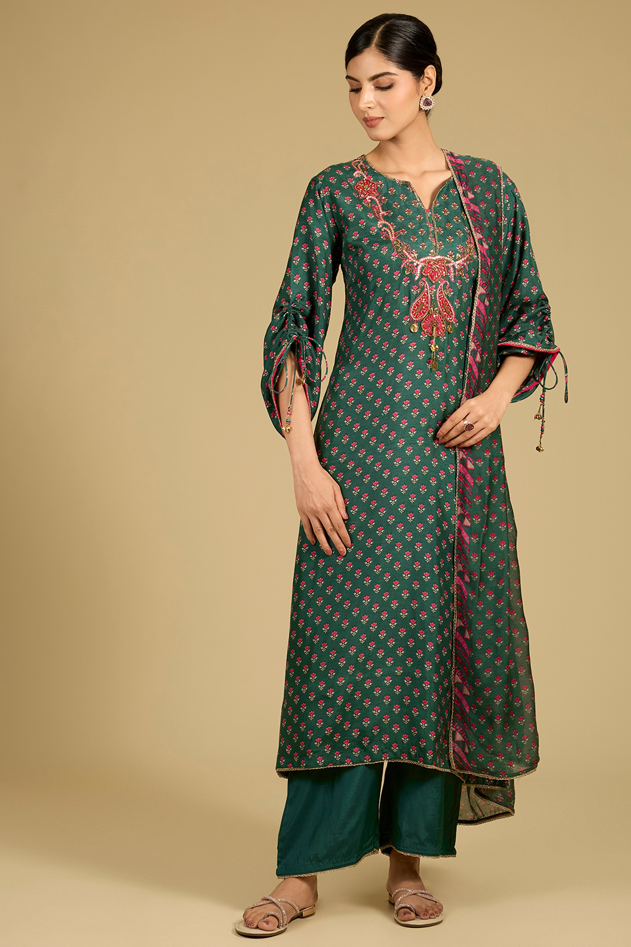 Amazon Green Dola Silk Printed & Bead Work Kurta Set