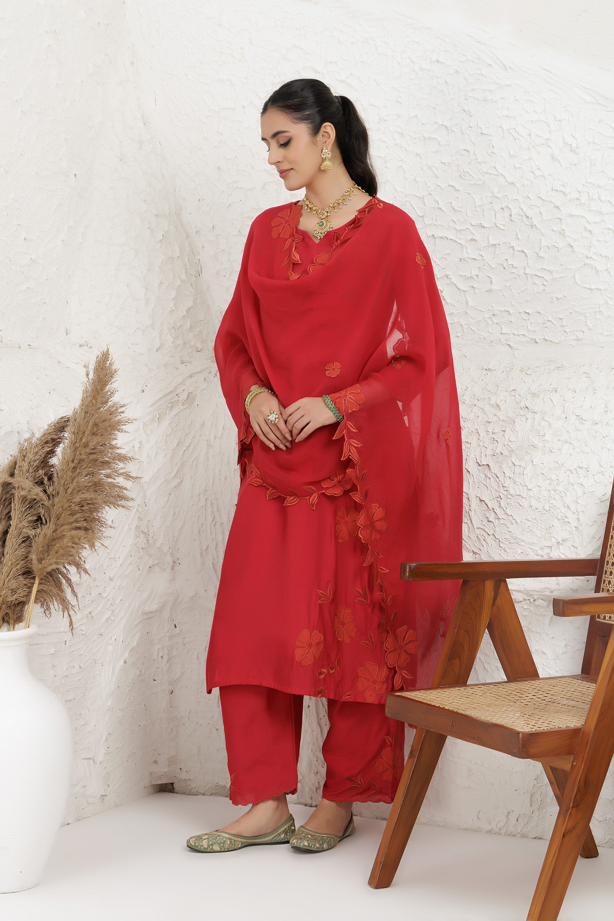 Red silk muslin Kurta Set