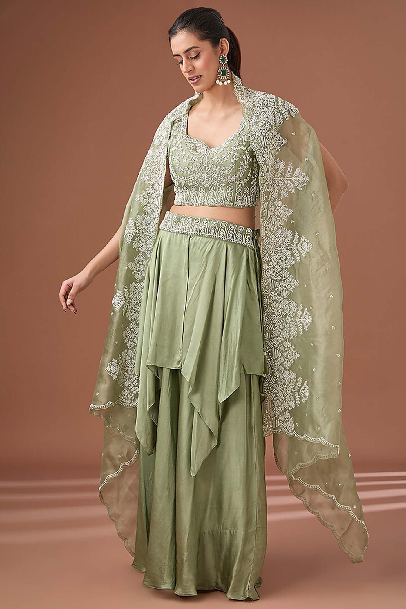 Sea Green Embroidered Straight Suit with Sharara and Dupatta.