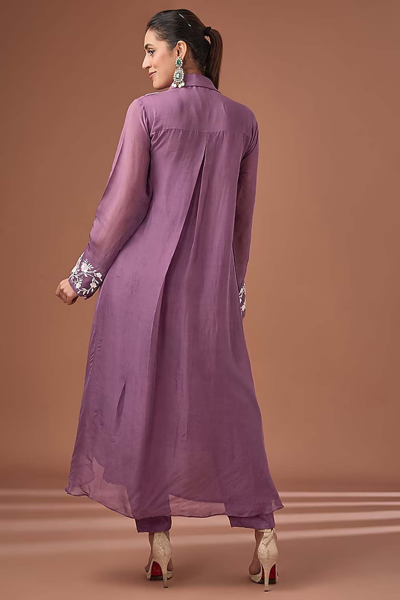 Purple Floral Organza Tunic with Pants