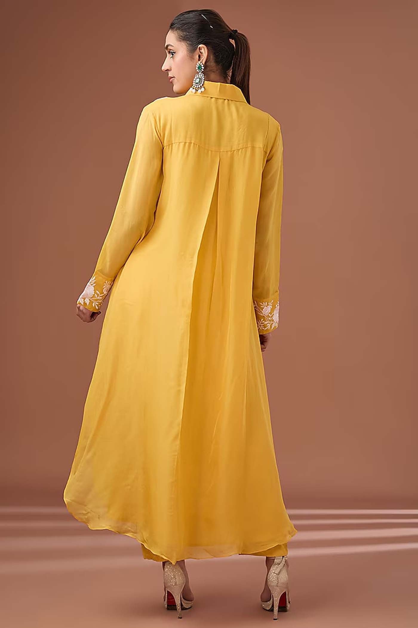 Yellow Floral Organza Tunic with Pants