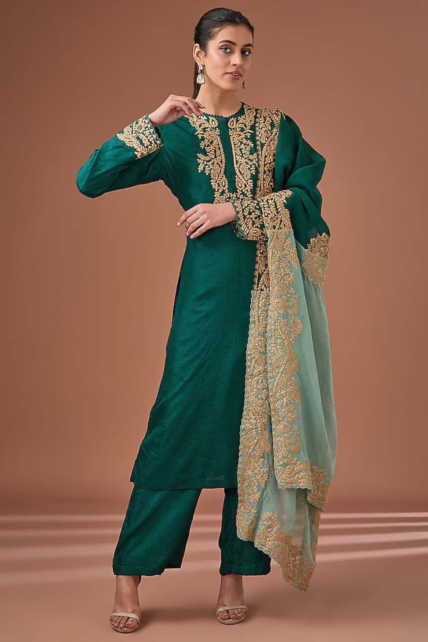 Bottle Green Zari Embroidered Shirt with Palazzo and Dupatta (RTS)