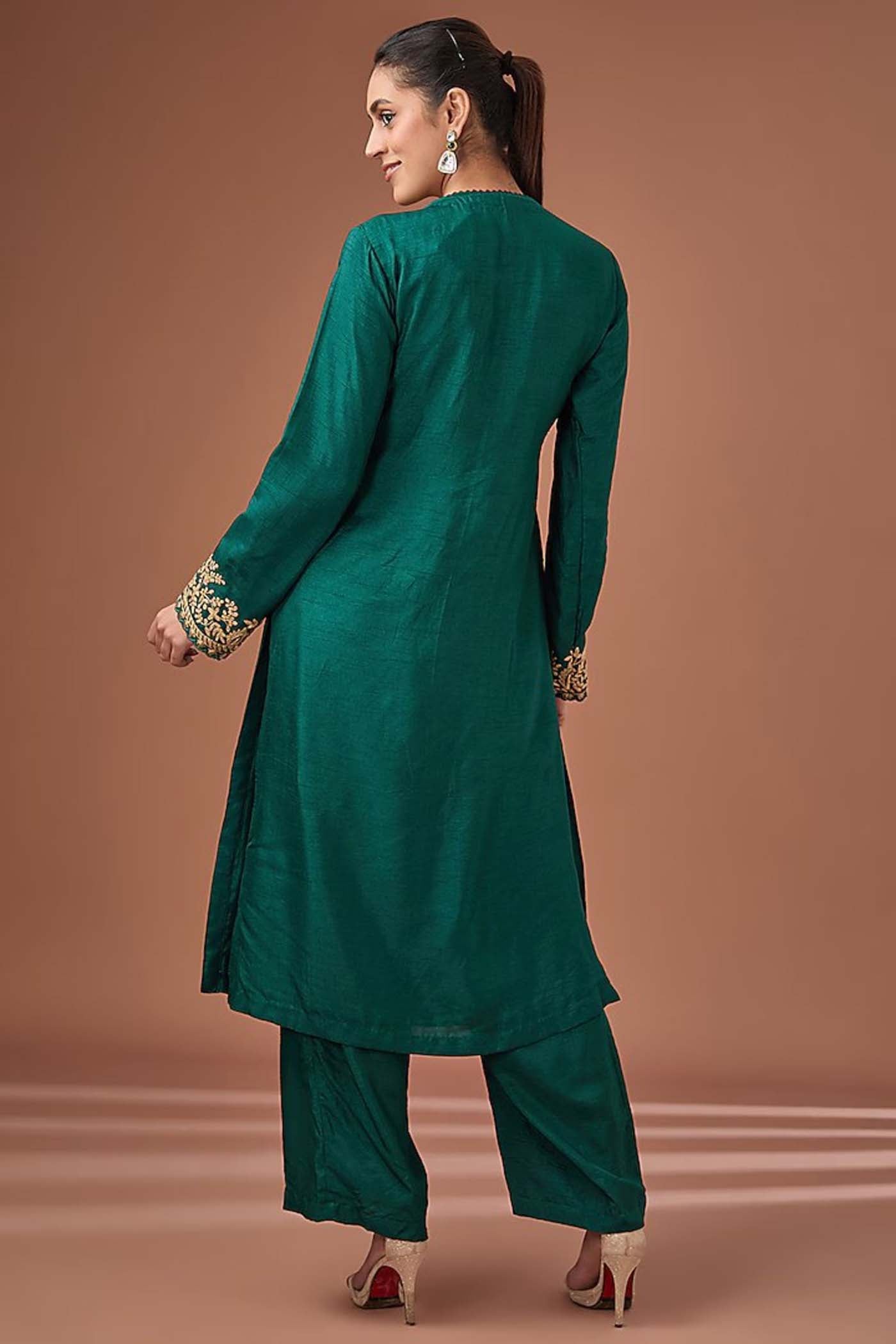 Bottle Green Zari Embroidered Shirt with Palazzo and Dupatta (RTS)