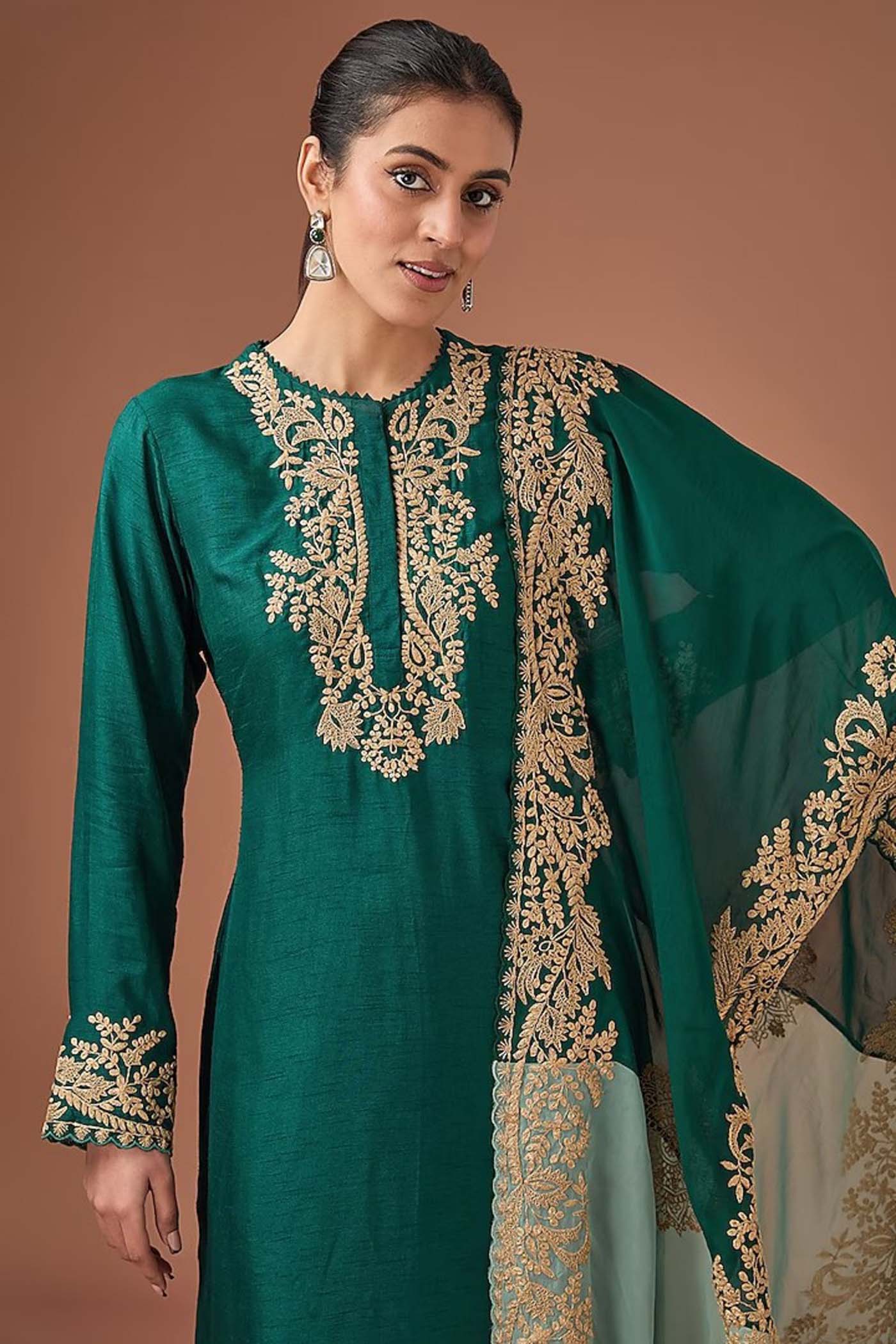 Bottle Green Zari Embroidered Shirt with Palazzo and Dupatta (RTS)