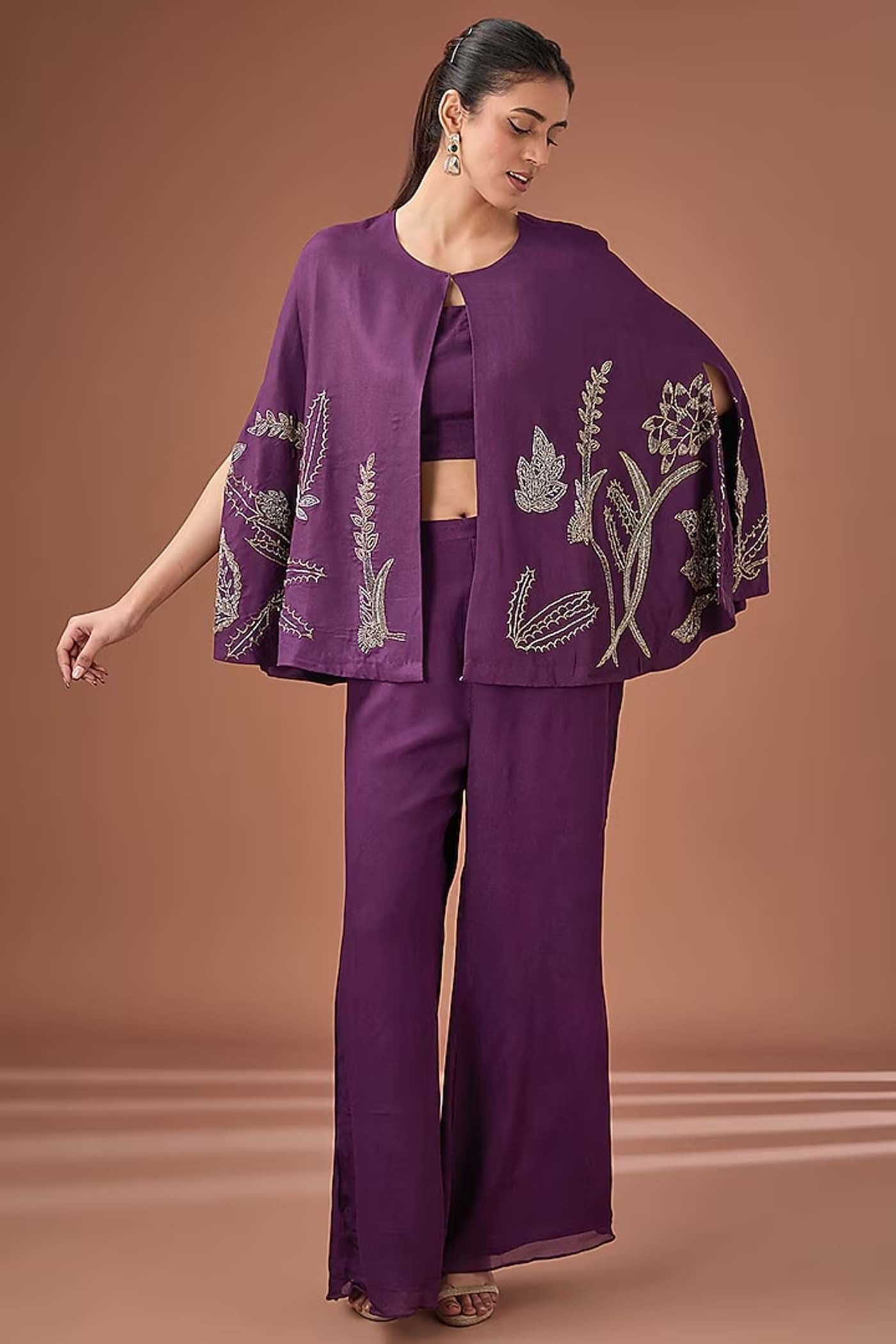 Purple Crop-top with Palazzo and Cape Set