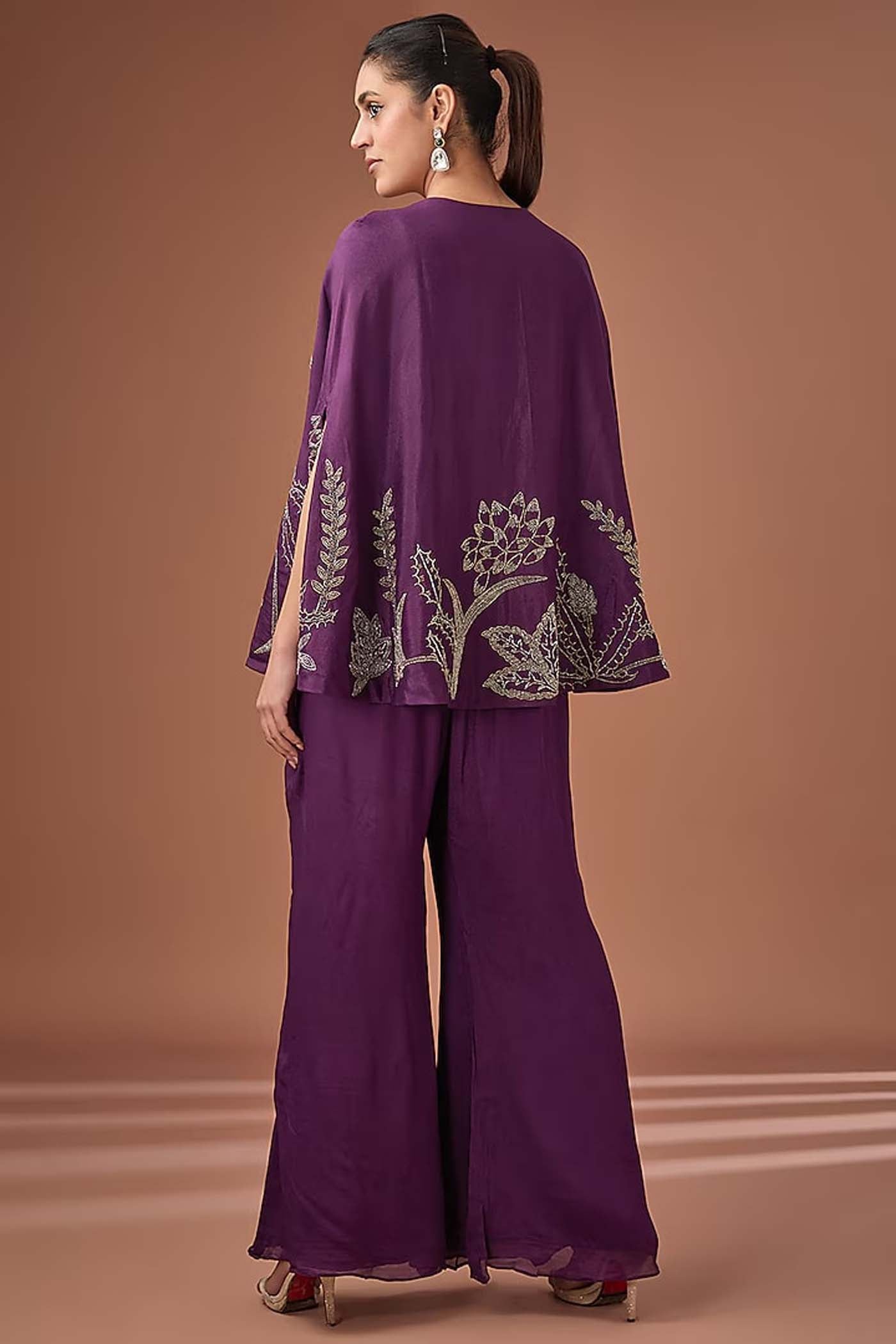 Purple Crop-top with Palazzo and Cape Set