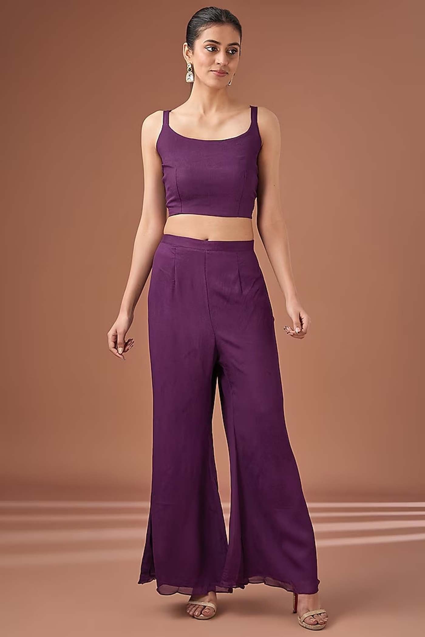 Purple Crop-top with Palazzo and Cape Set
