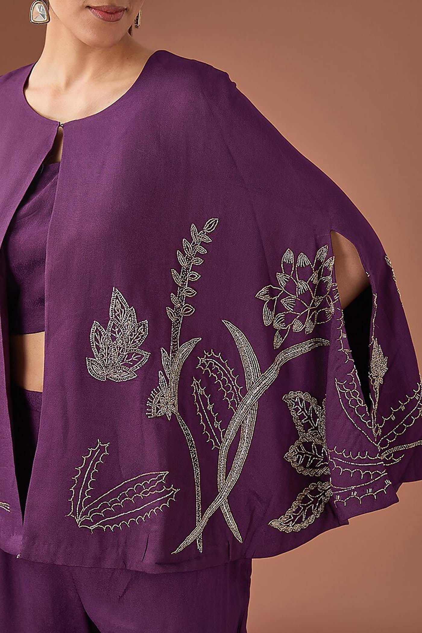 Purple Crop-top with Palazzo and Cape Set