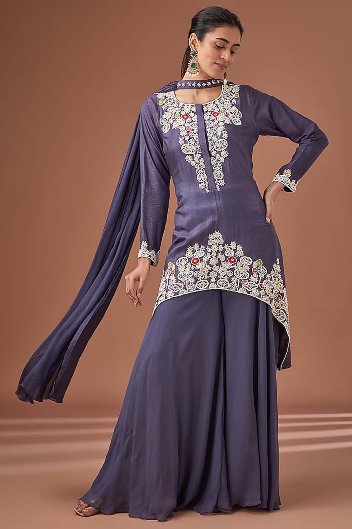 Blue High-Low Suit with Palazzo and Choker Dupatta