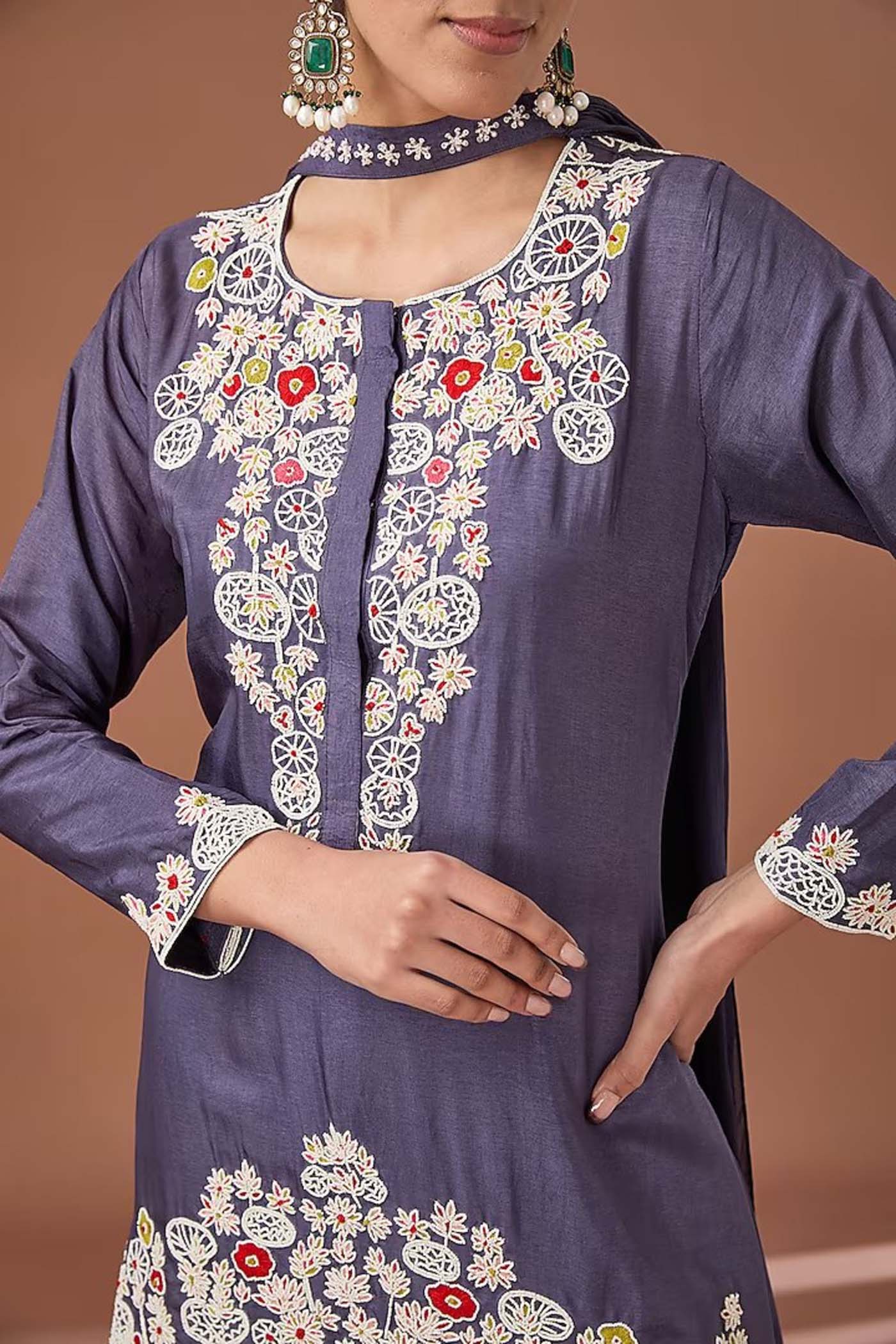 Blue High-Low Suit with Palazzo and Choker Dupatta