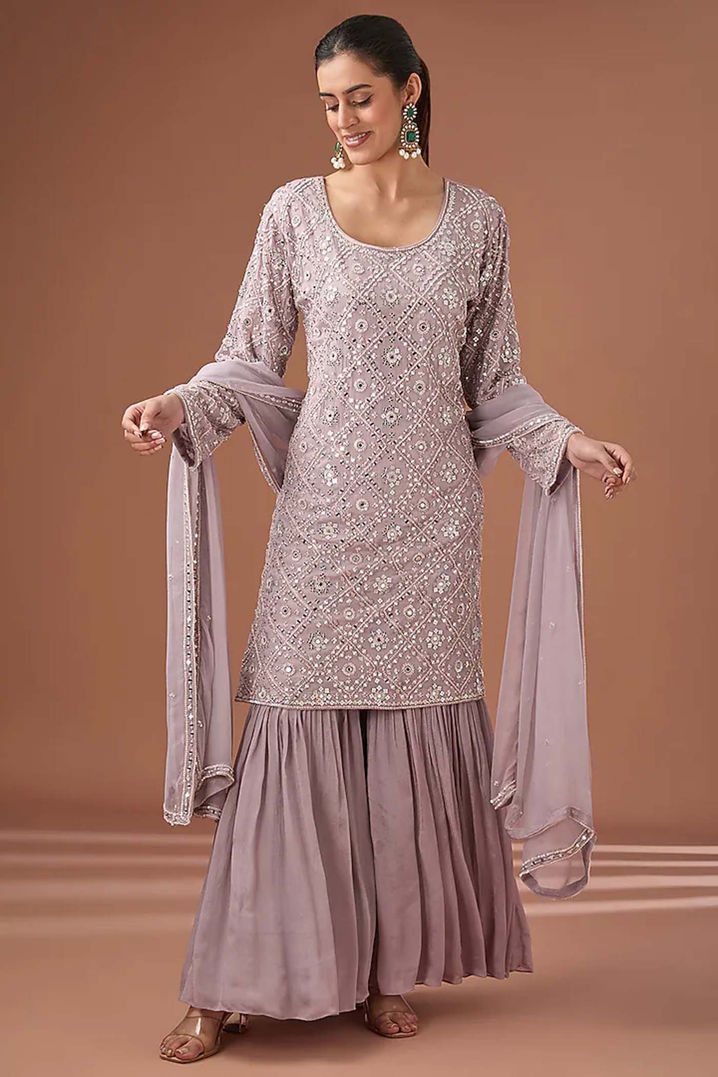 Purple Mirror Embroidered Suit with Sharara and Dupatta