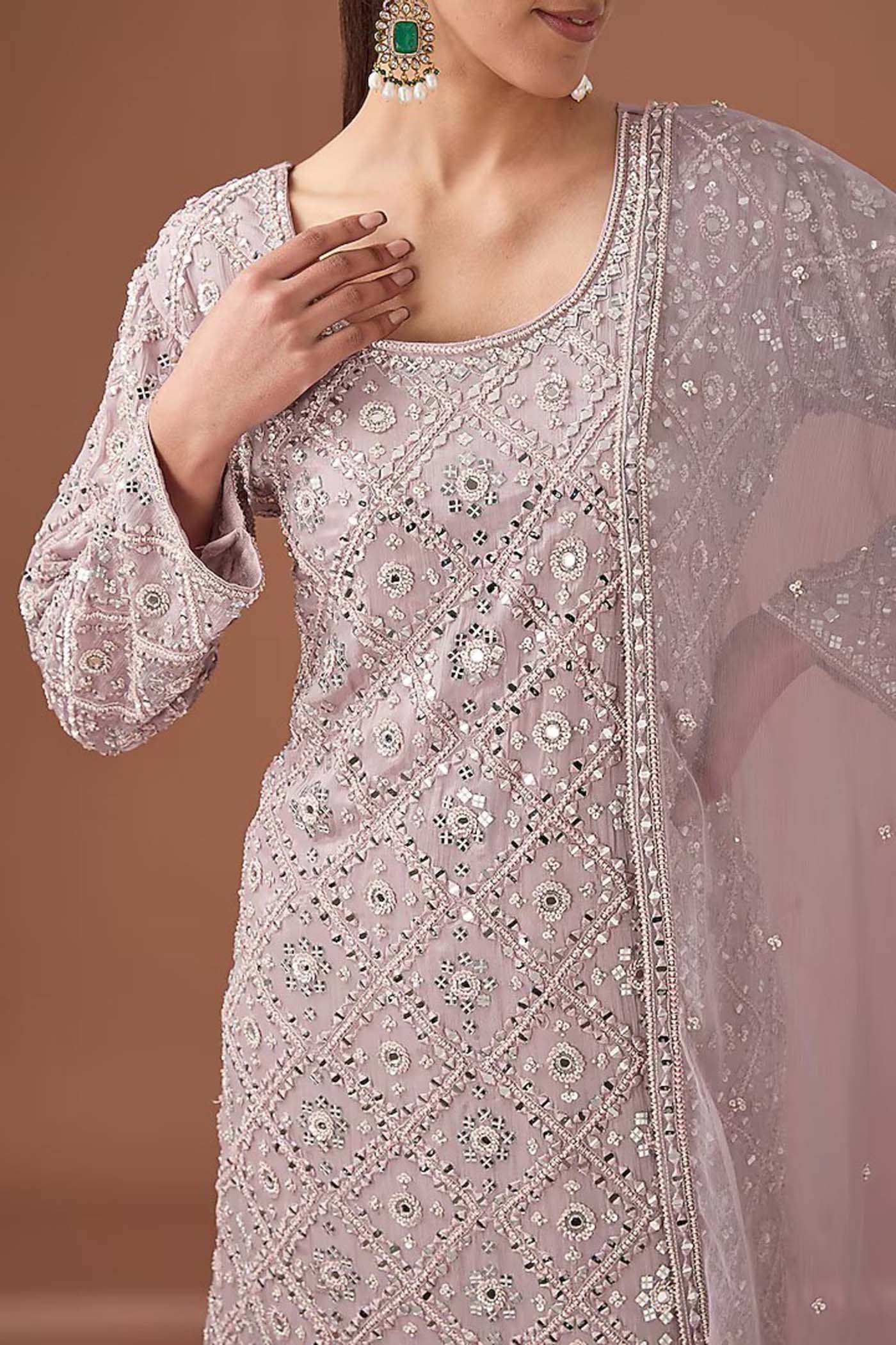 Purple Mirror Embroidered Suit with Sharara and Dupatta