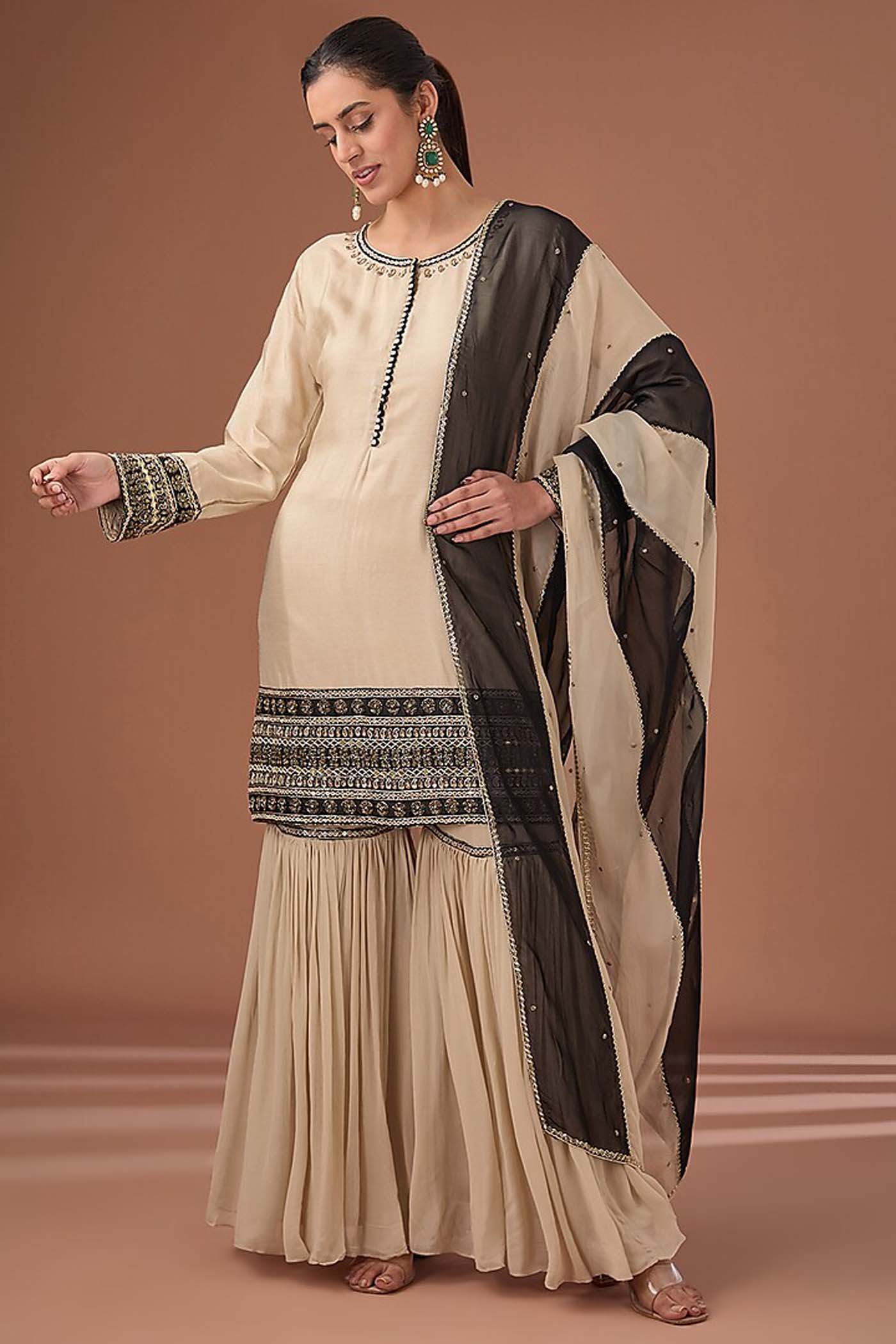 Beige Embroidered Suit with Sharara and Dupatta