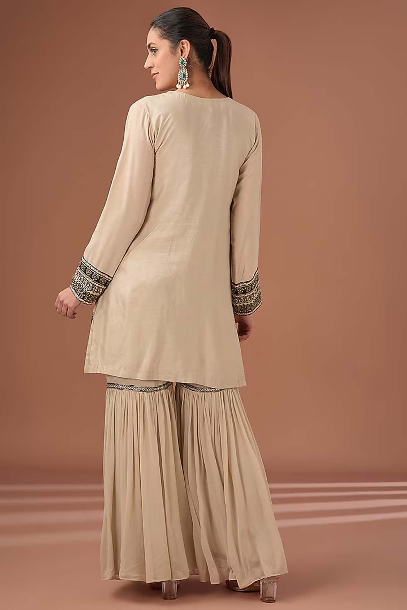 Beige Embroidered Suit with Sharara and Dupatta