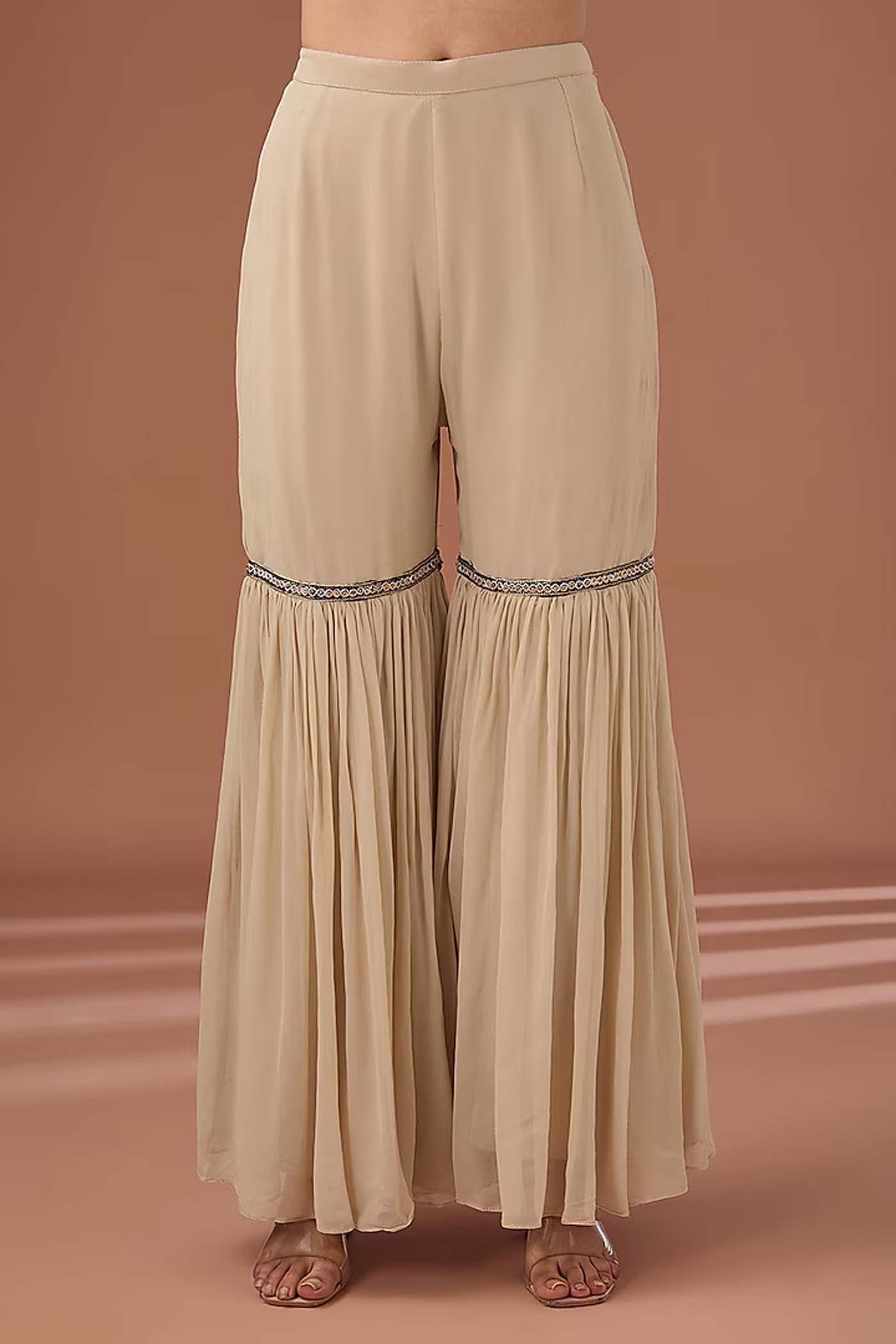 Beige Embroidered Suit with Sharara and Dupatta