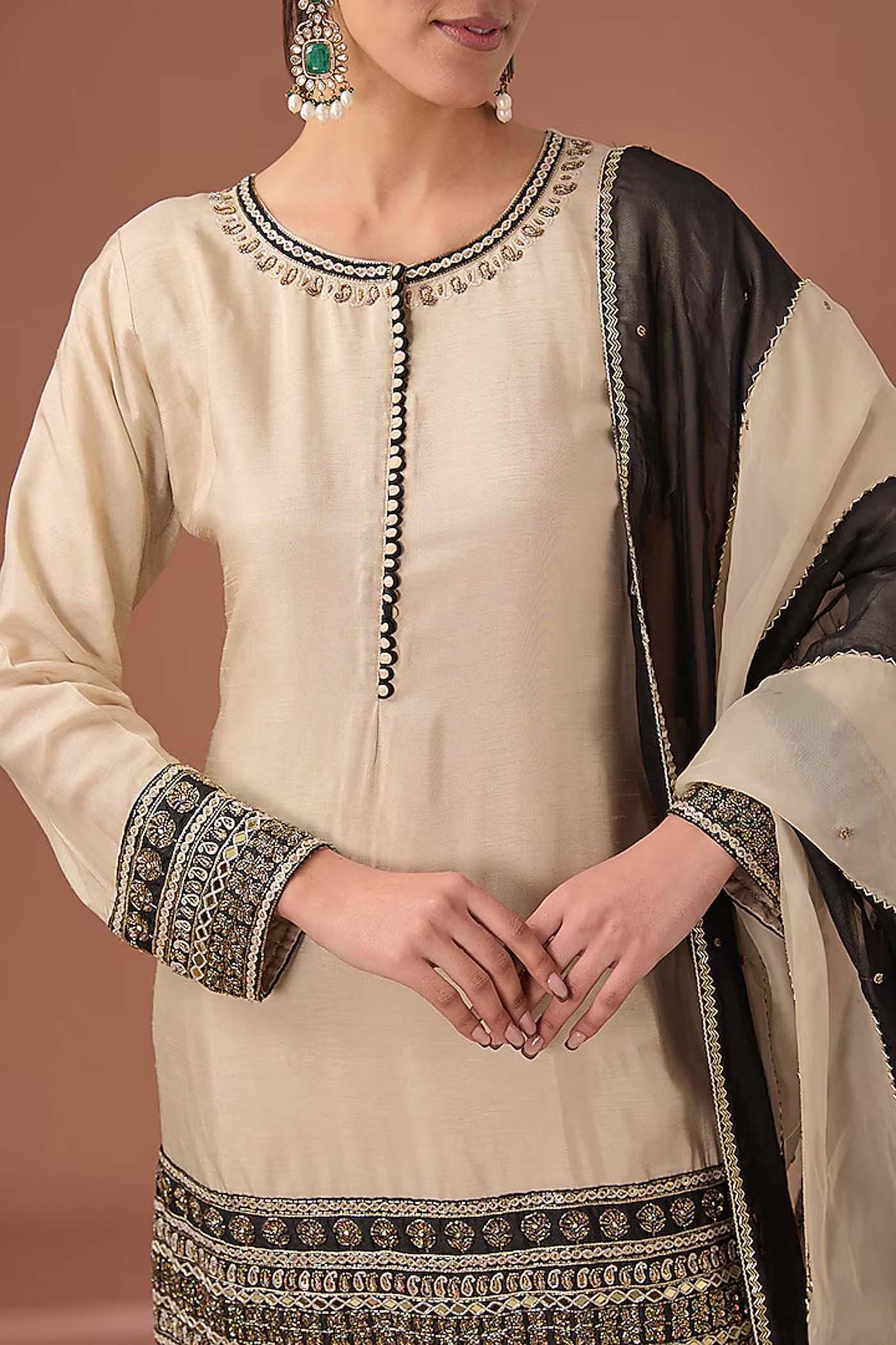 Beige Embroidered Suit with Sharara and Dupatta