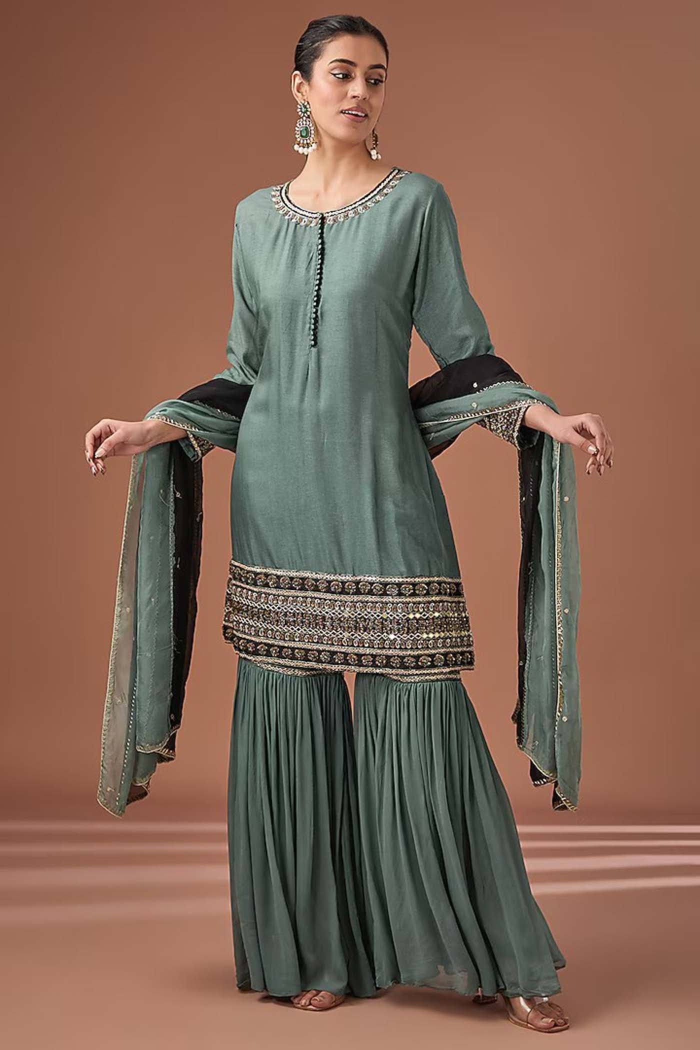 Cadet Blue Embroidered Suit with Sharara and Dupatta