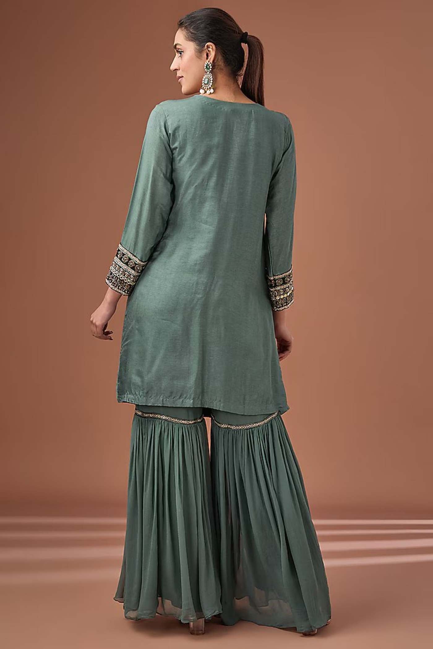 Cadet Blue Embroidered Suit with Sharara and Dupatta