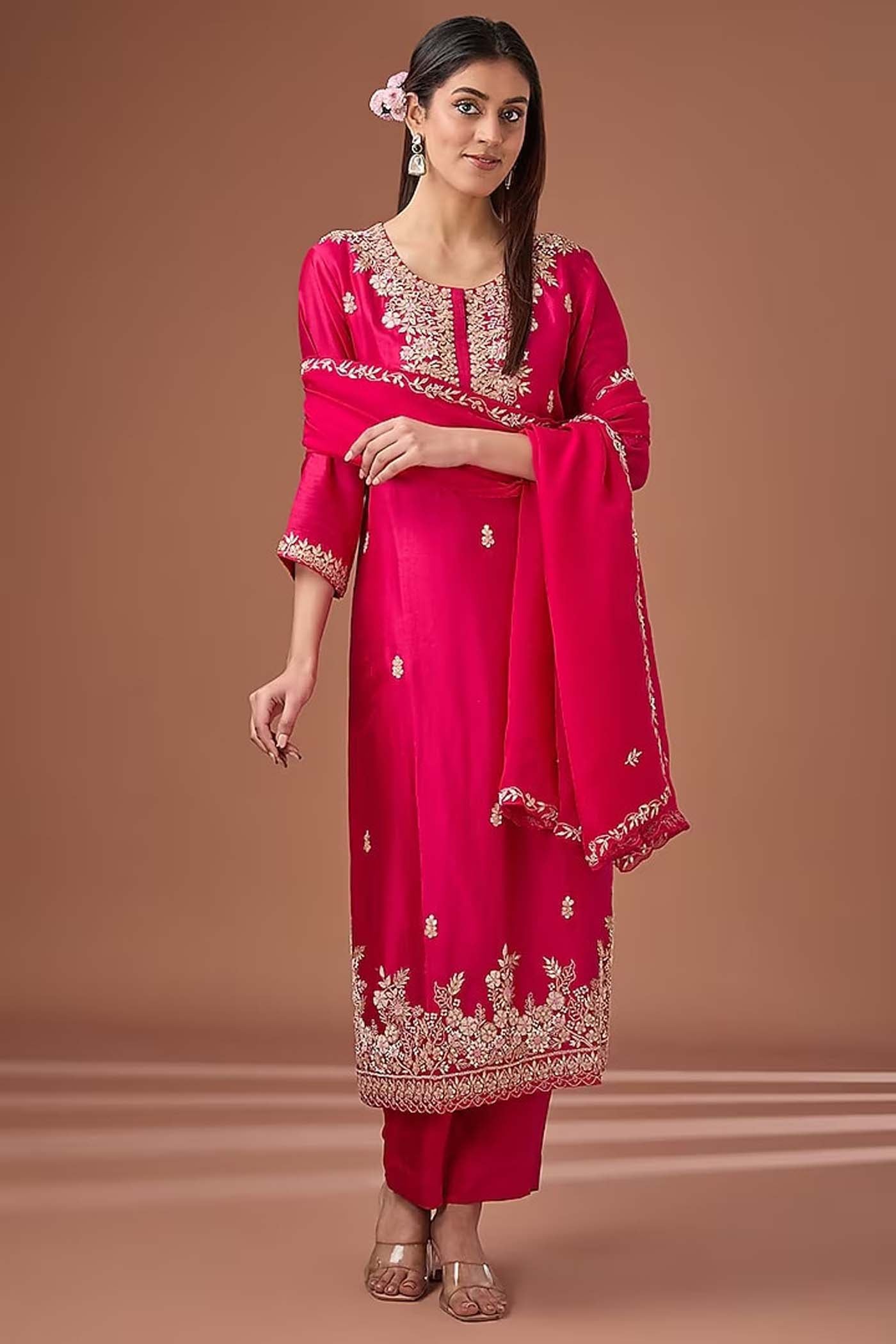 Red Straight Suit with Pants and Dupatta