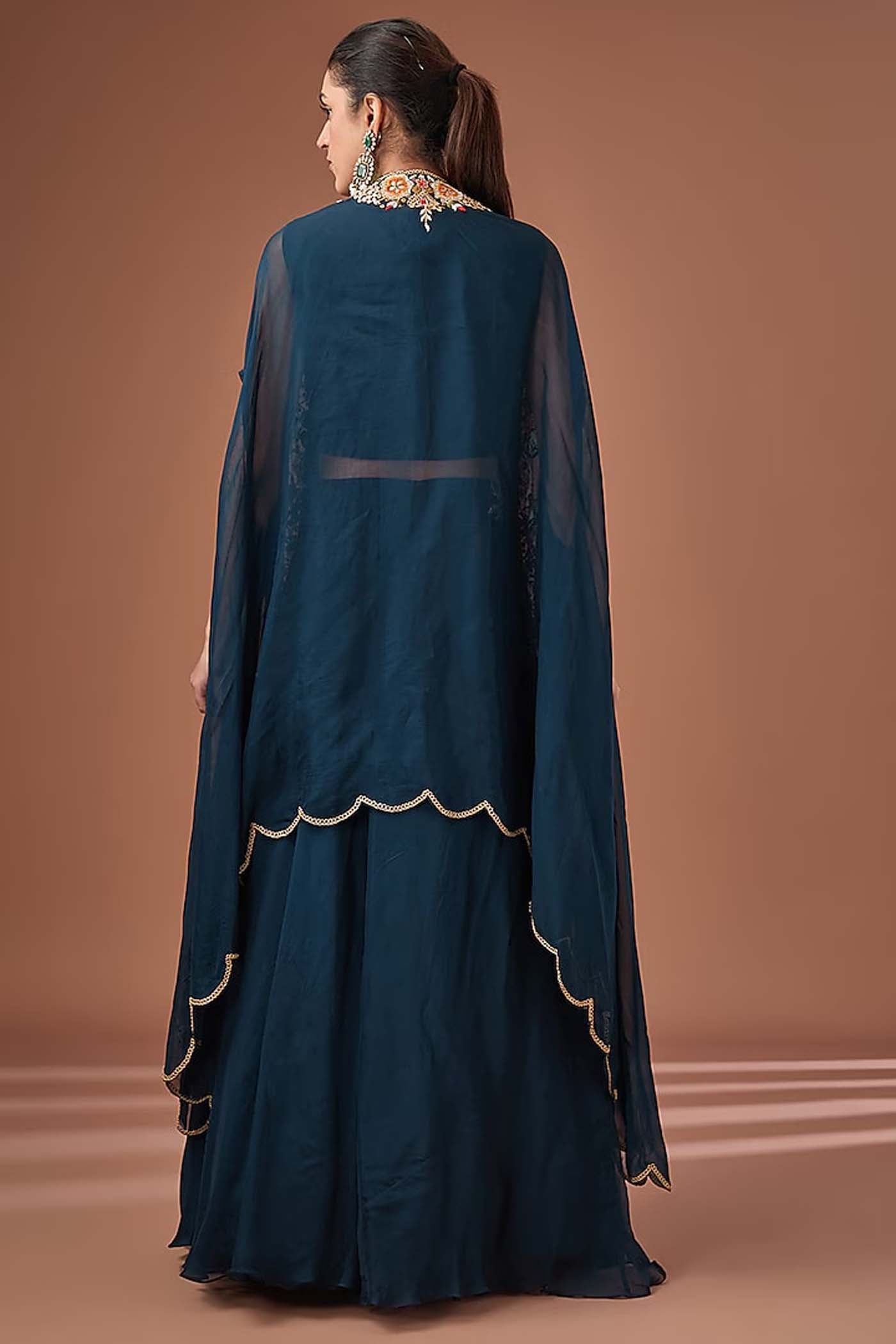 Blue Crop-Top Lehenga with Organza Cape