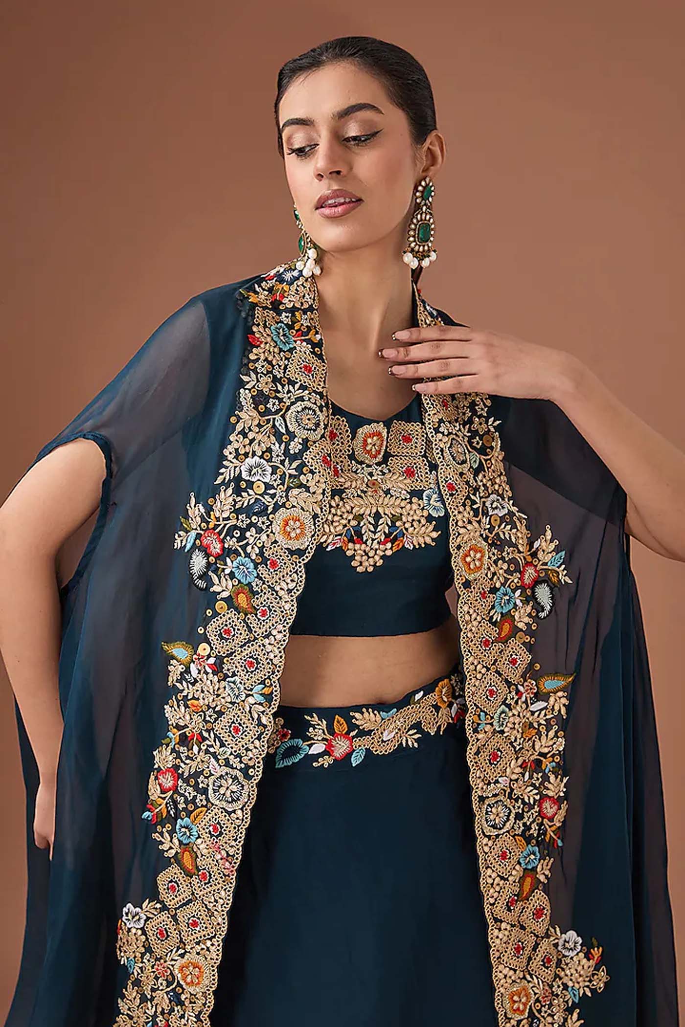 Blue Crop-Top Lehenga with Organza Cape