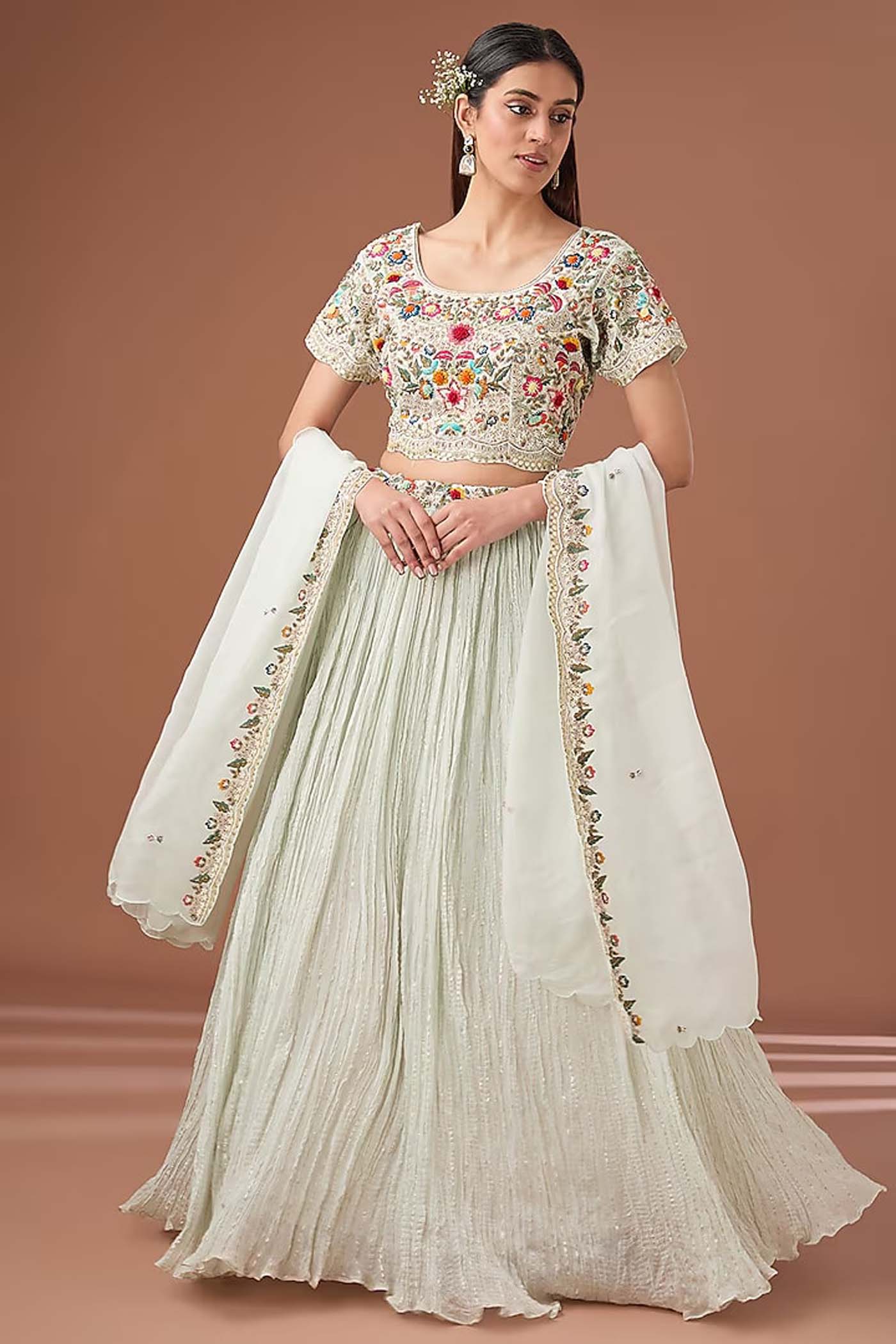 Ice-Blue Crop-Top with Ruched Lehenga and Organza Dupatta