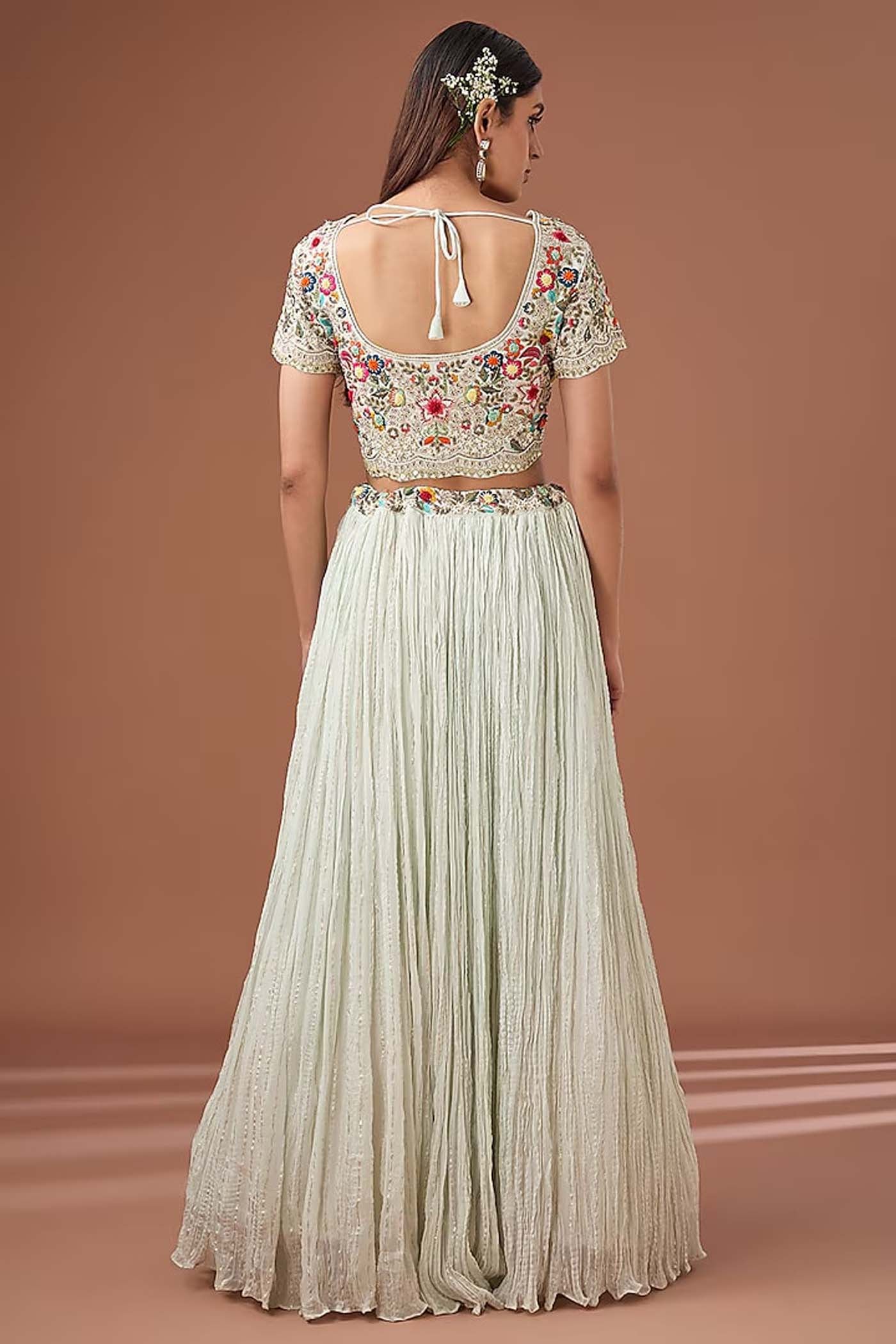Ice-Blue Crop-Top with Ruched Lehenga and Organza Dupatta